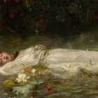 Woman in White Gown Floating in Murky Green Pond