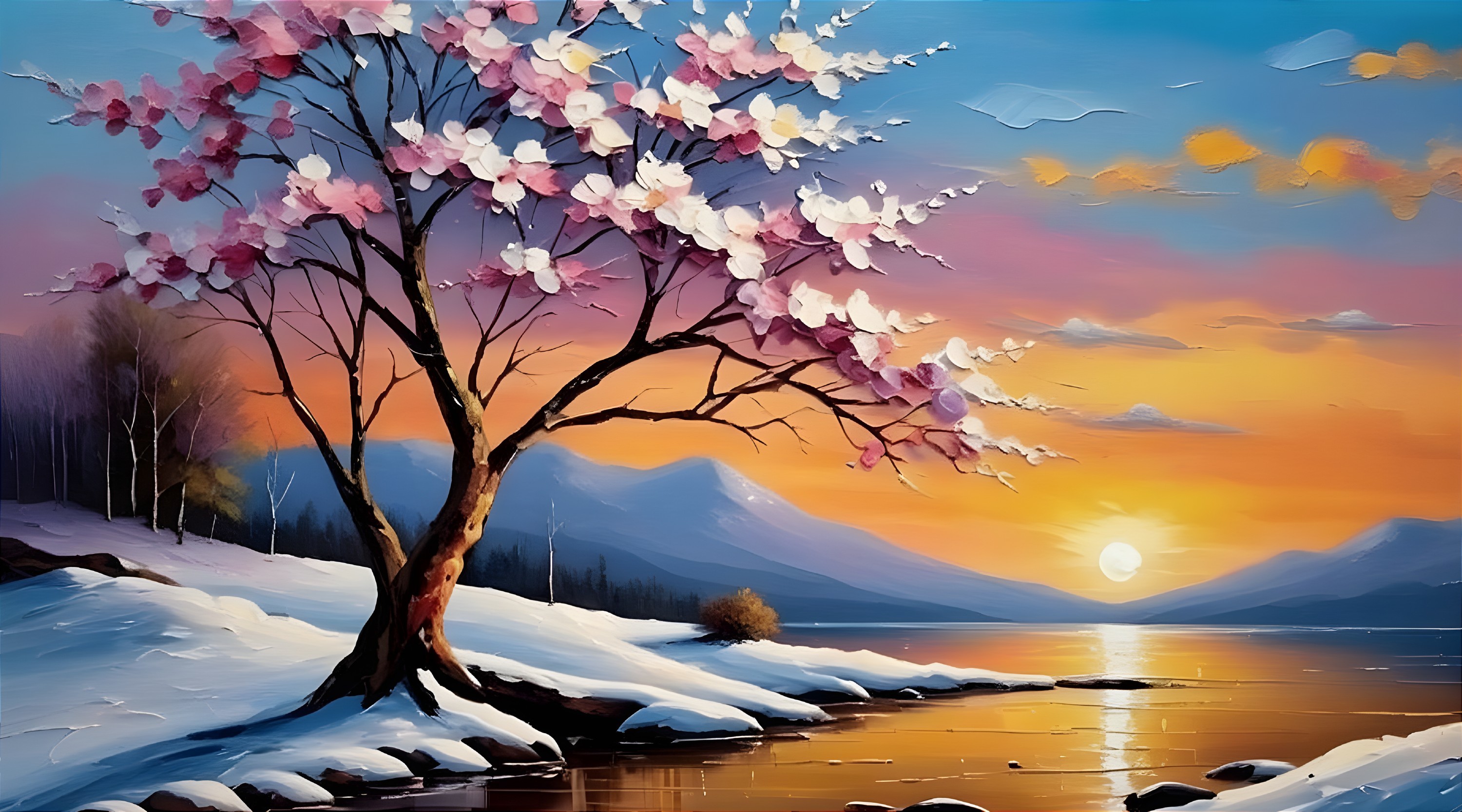 Winter Landscape Oil Painting with Sunset and Lake