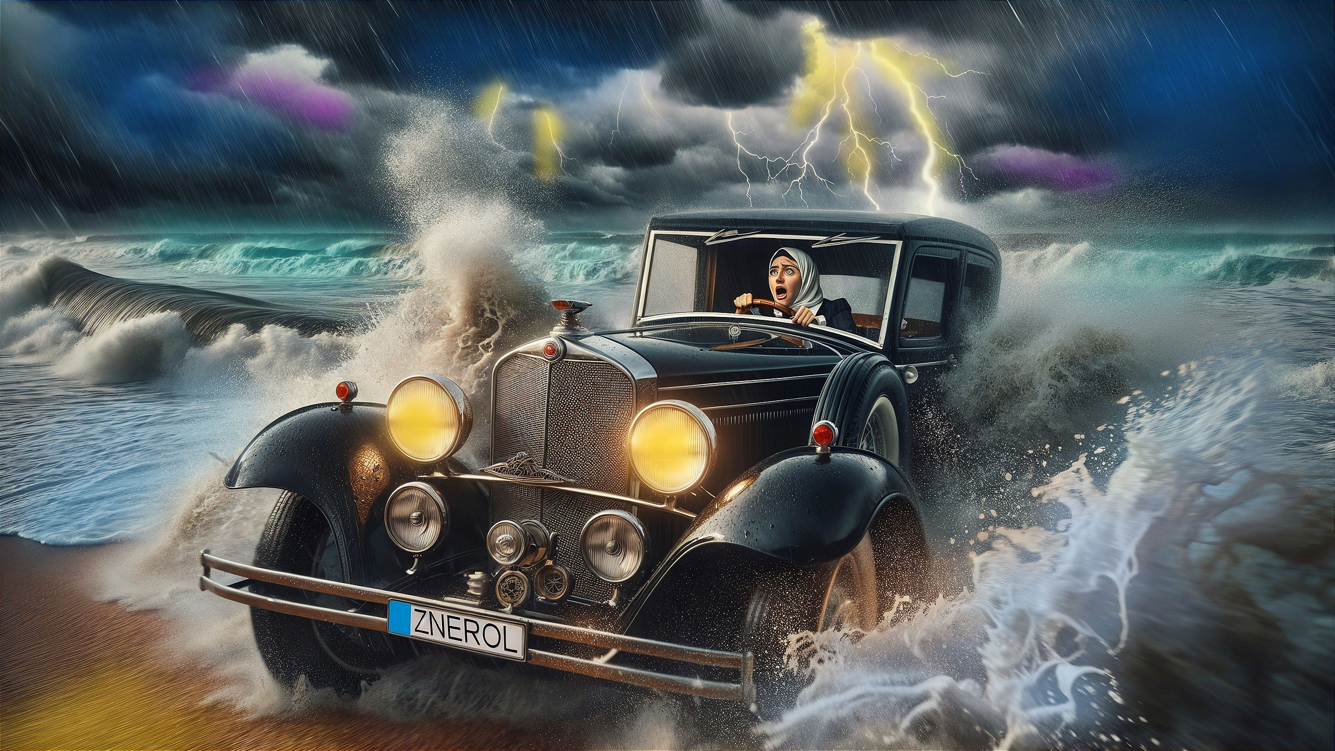 Vintage Black Car Navigating Stormy Ocean Waves