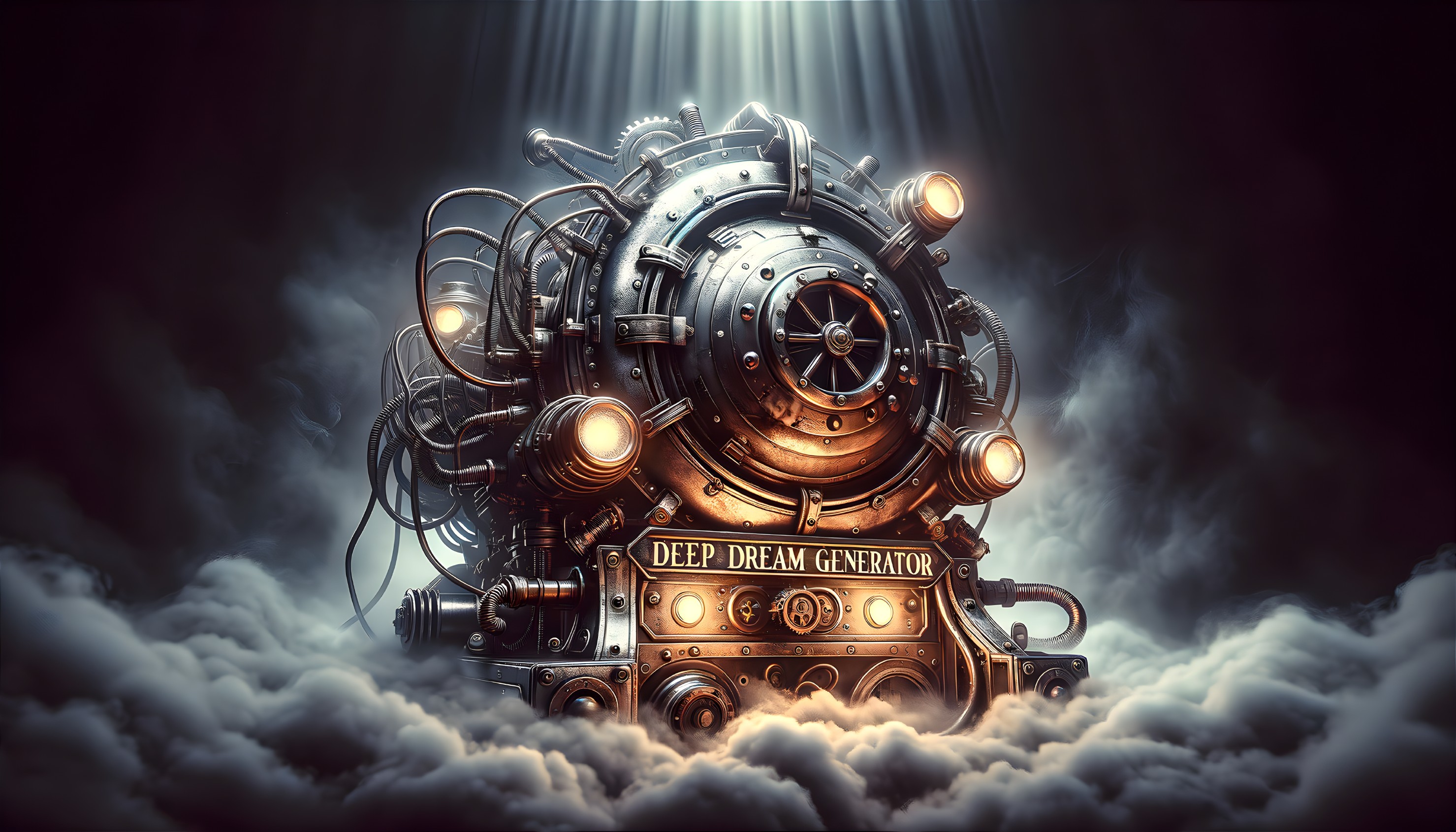 Intricate steampunk machine labeled "DEEP DREAM GENERATOR" floating among clouds