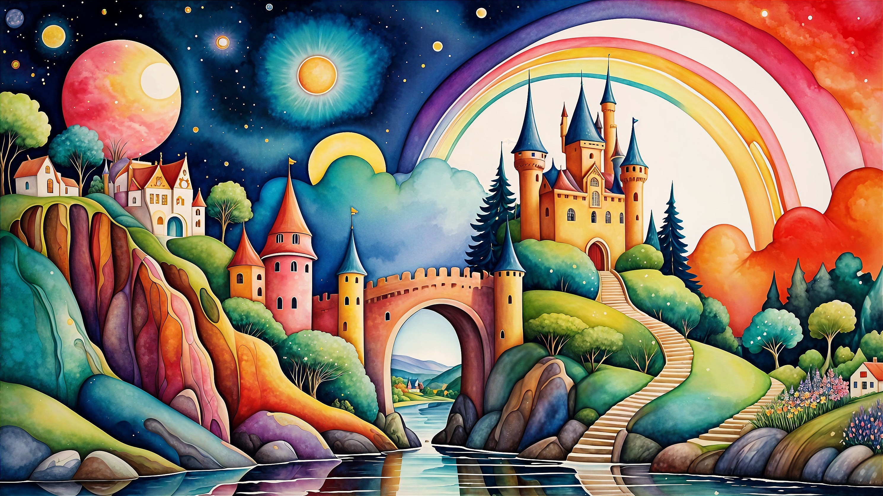 Whimsical Landscape with Vibrant Castle and Rainbow