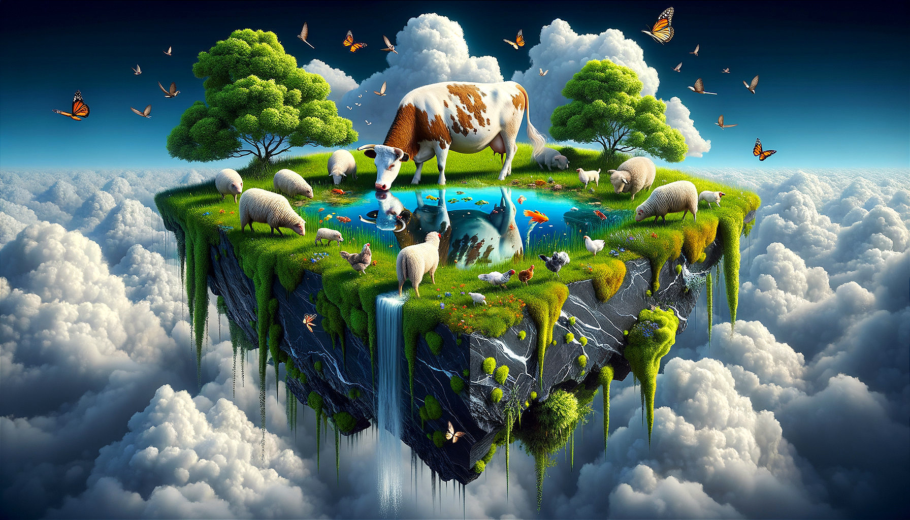 Surreal Floating Island with Lush Landscape and Wildlife