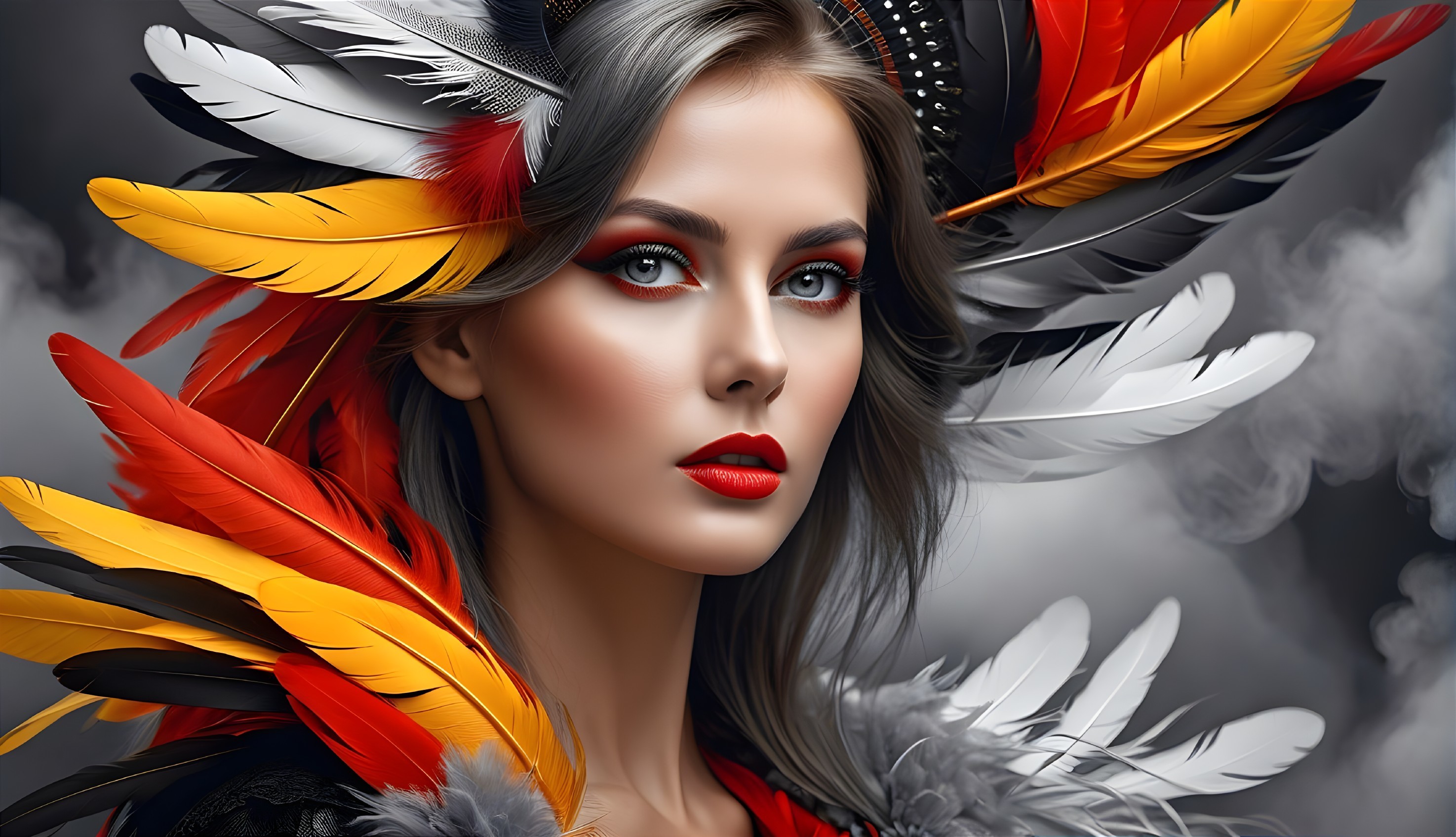 Portrait of a Woman with Gray Hair and Feather Headpiece