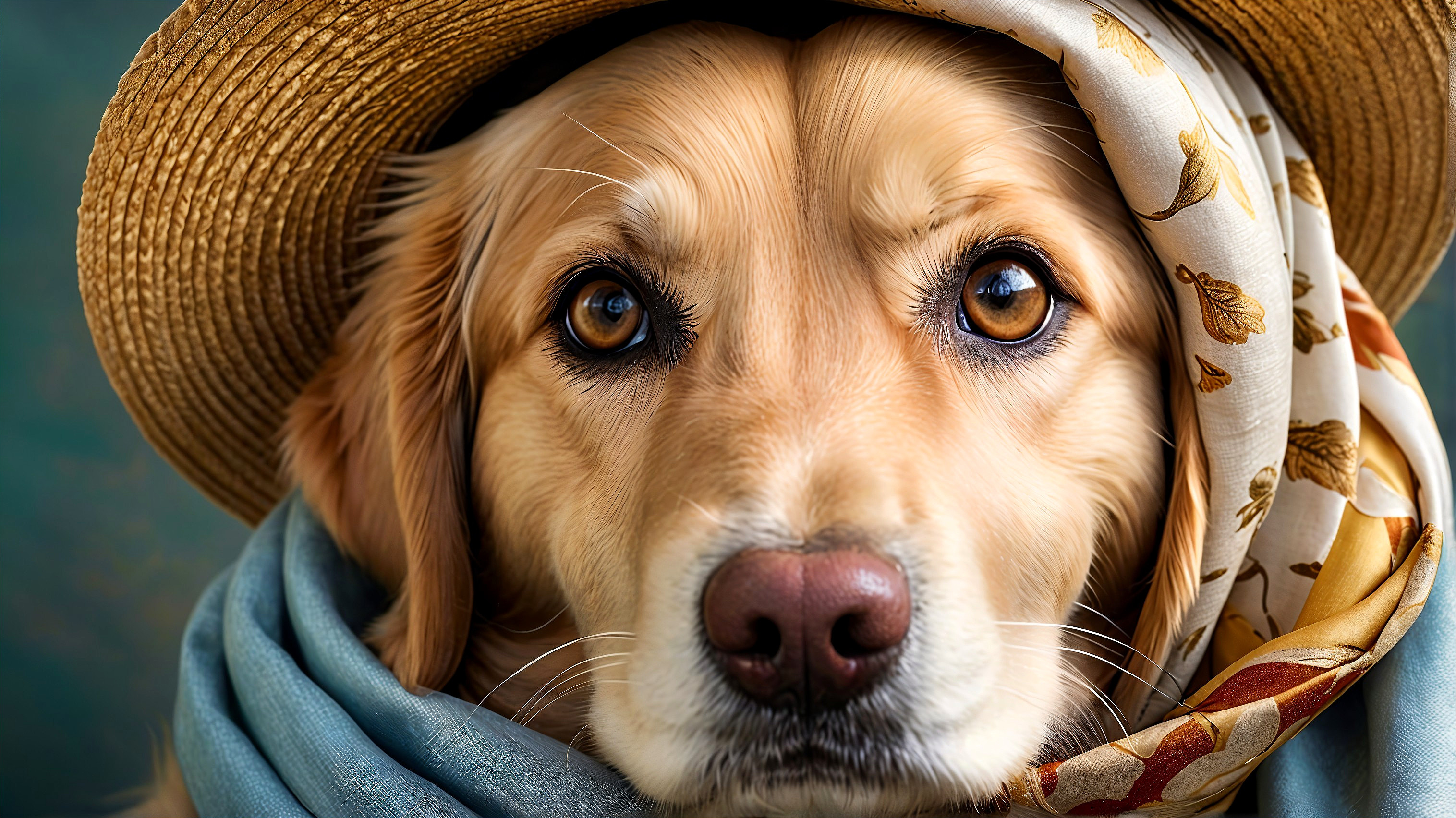 Golden Retriever in Straw Hat and Floral Scarf