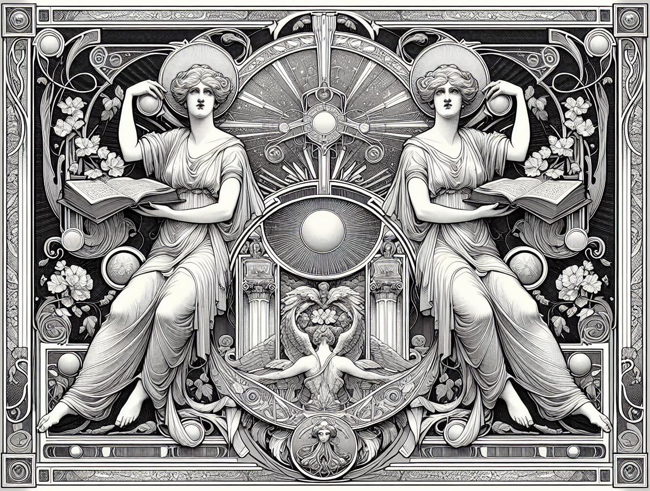 Art Nouveau Composition with Muses and Mythical Creature