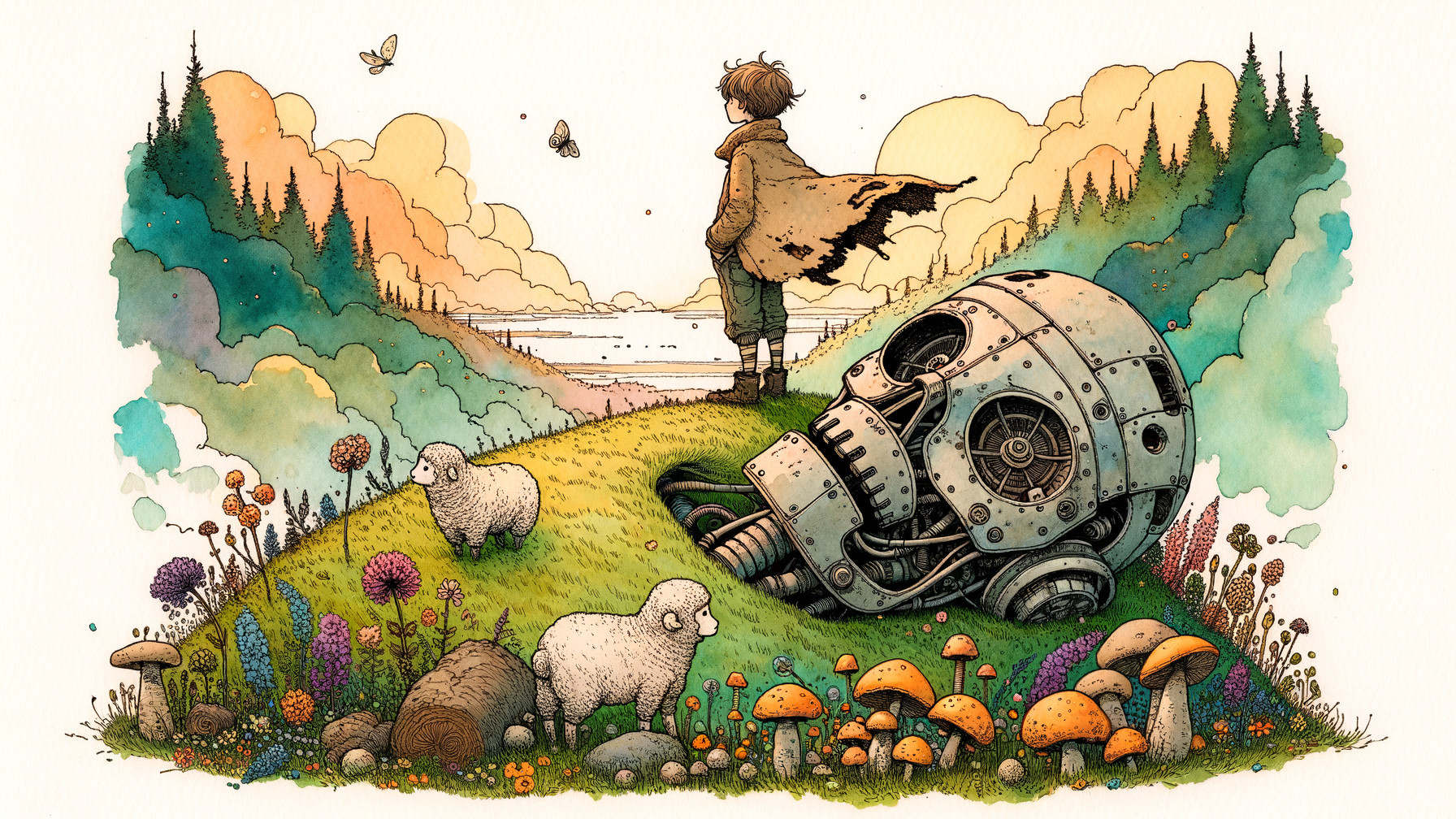 Young boy on hill with robot head and serene landscape