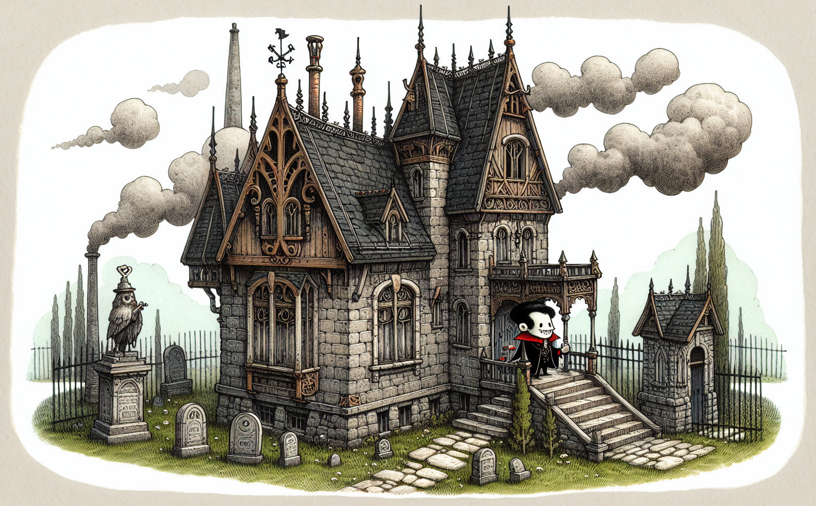 Gothic Mansion in Foggy Graveyard with Cartoon Figure