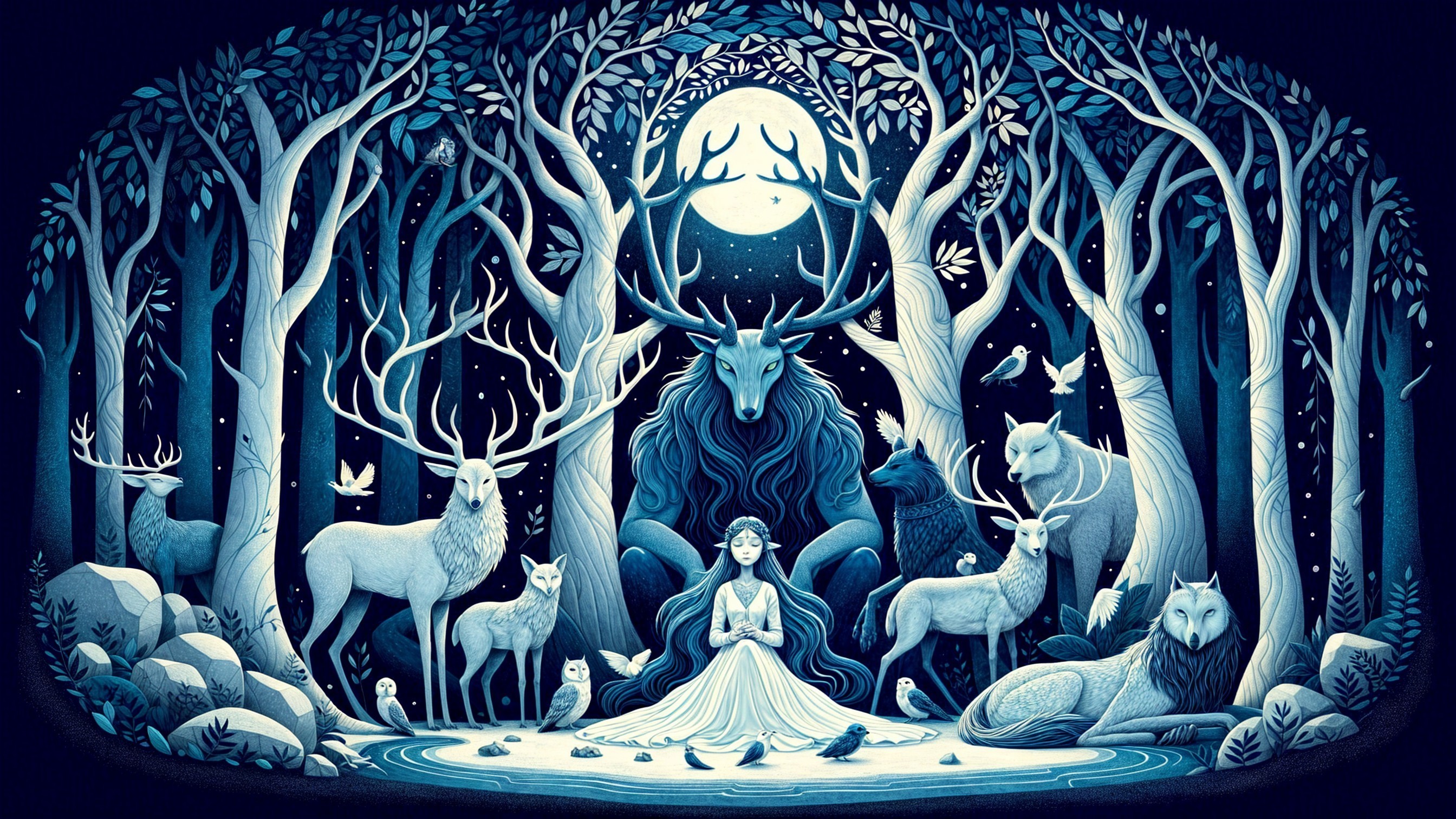 Moonlit Forest Scene with Animals and Tranquil Atmosphere