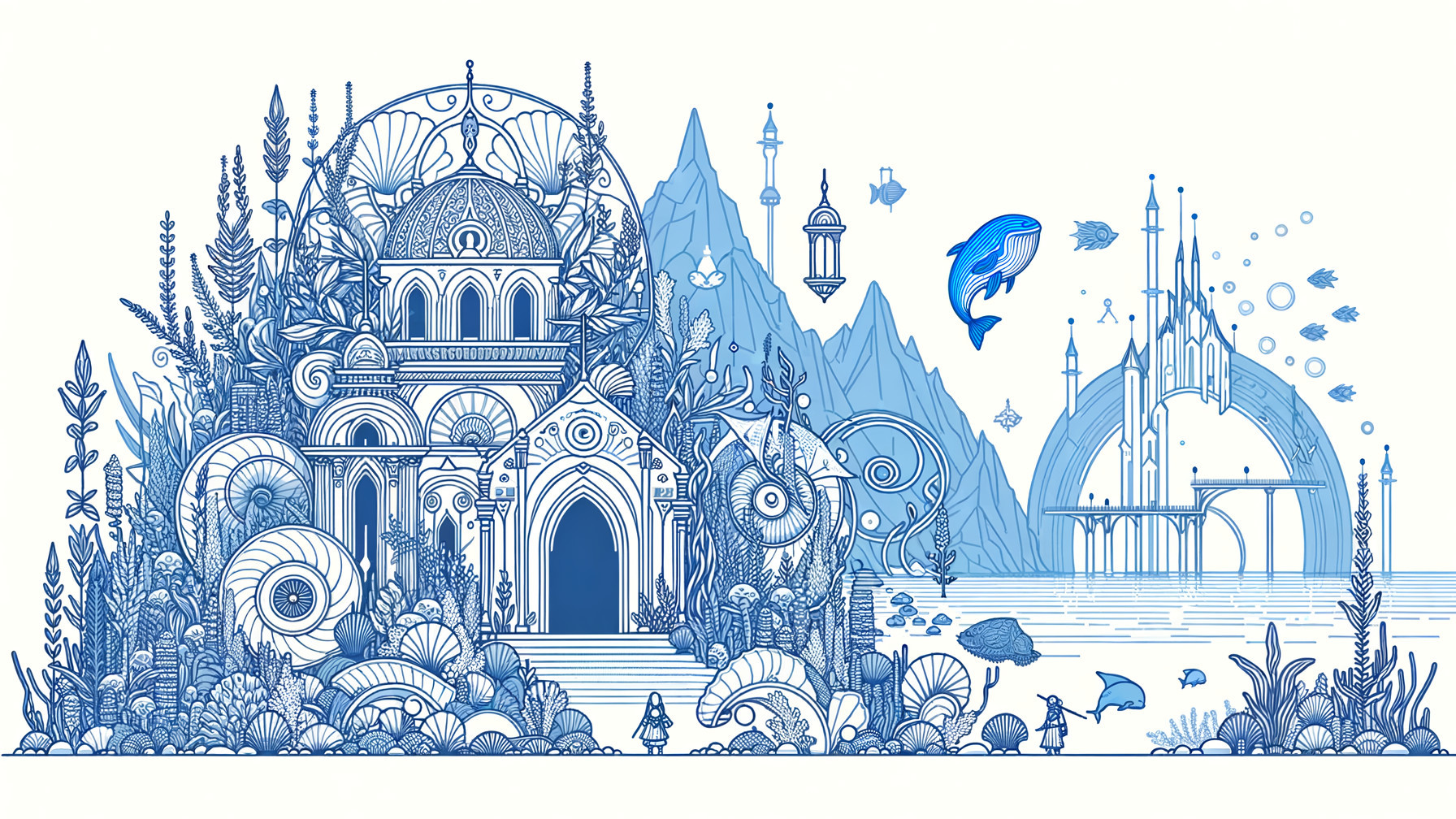 Whimsical Underwater Scene with Blue Line Art