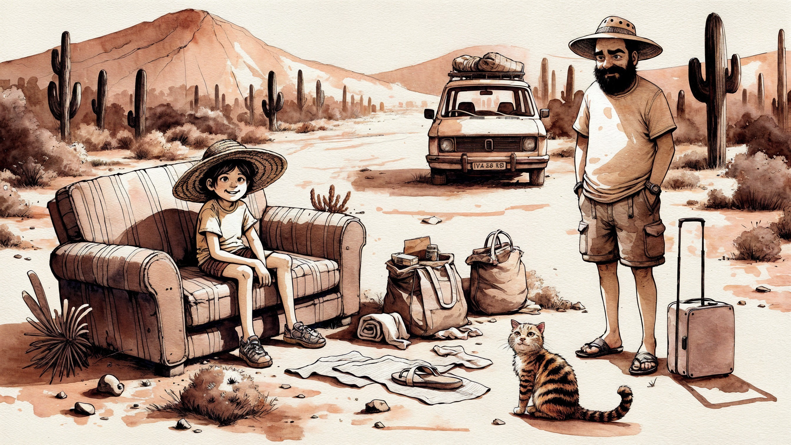 Desert Scene with Boy, Man, and Cat by Van