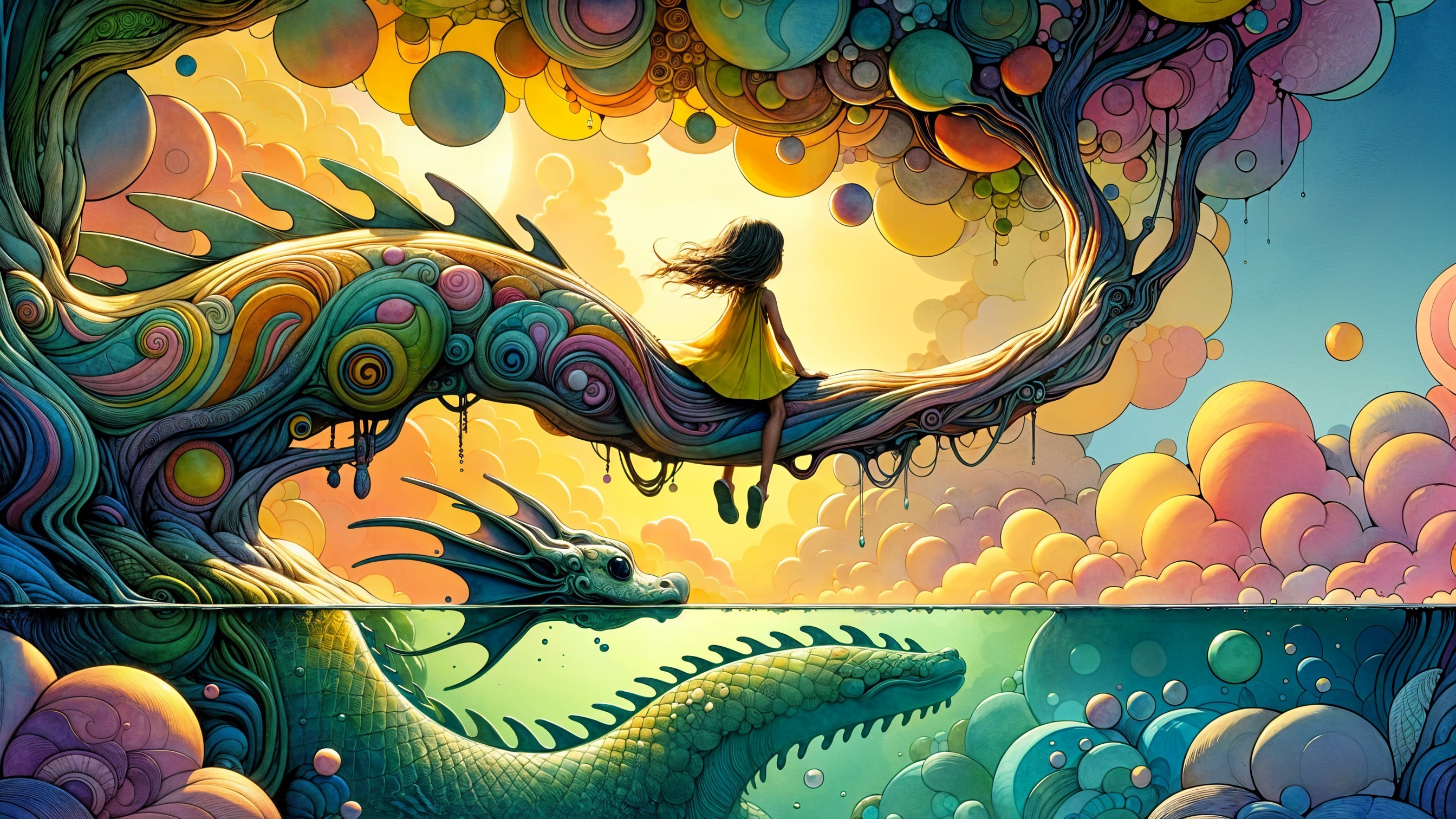 Whimsical Landscape with Girl and Majestic Dragon
