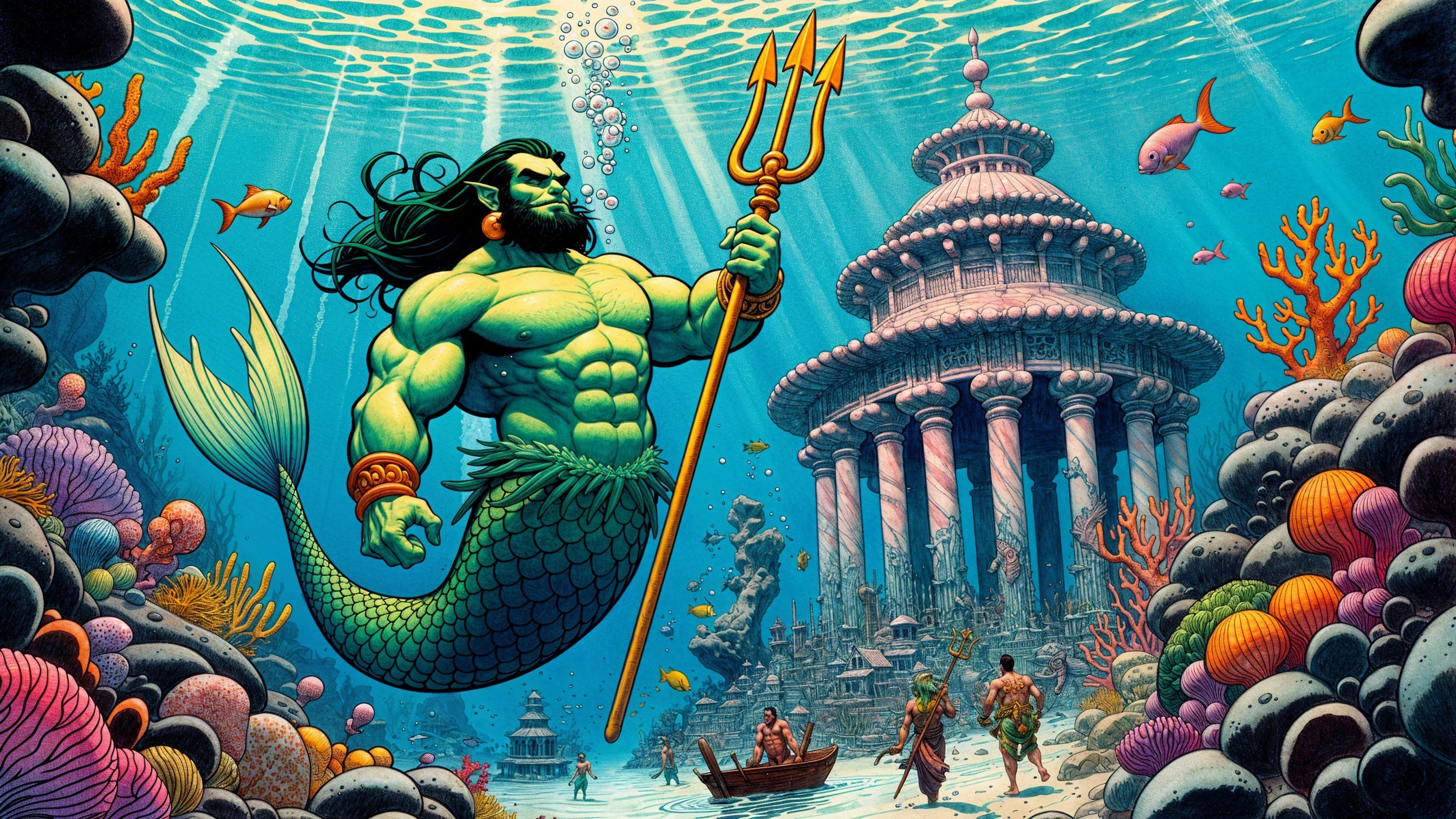 Majestic Underwater Scene with Merman and Coral Reefs