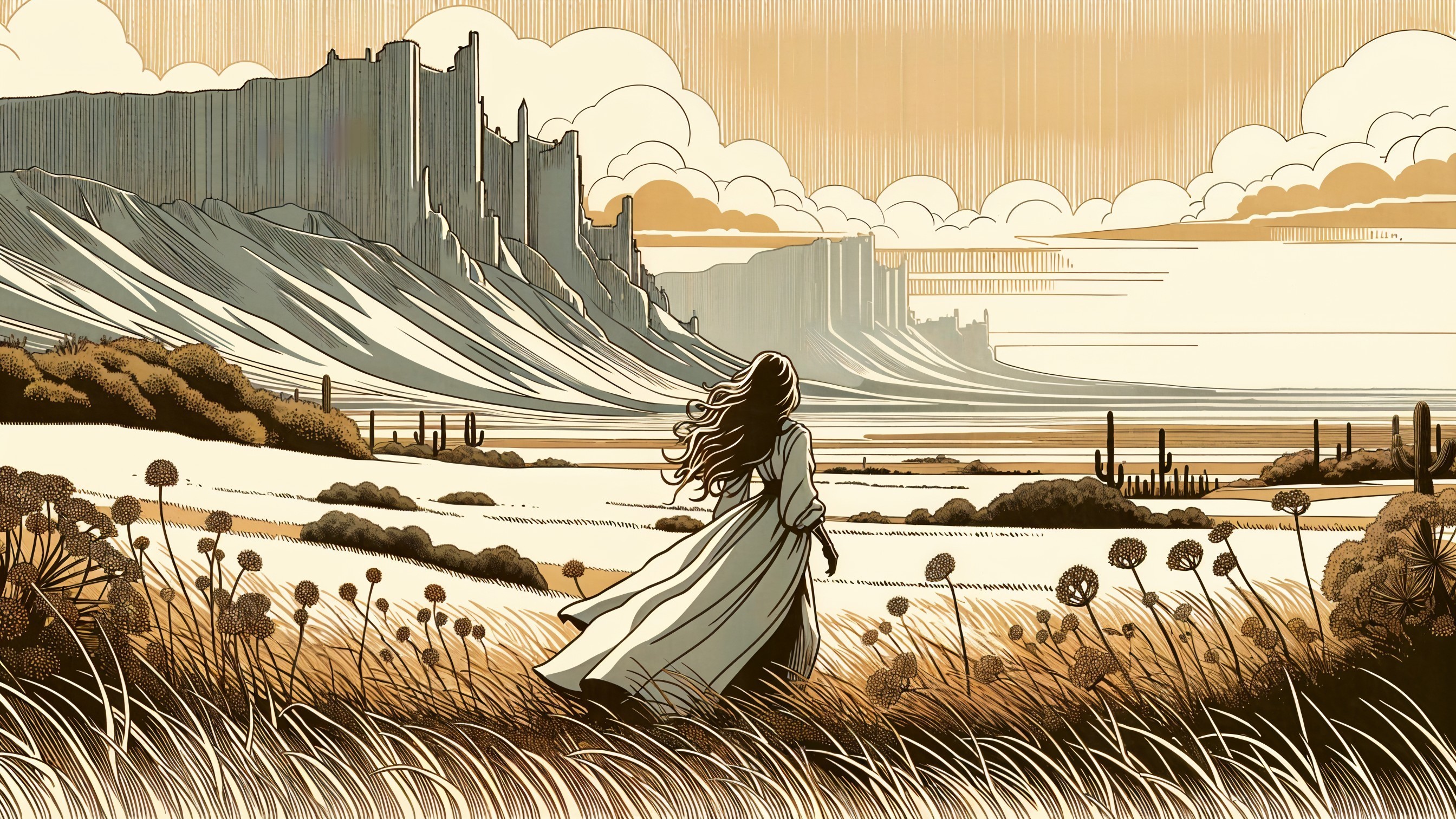 Lone Figure in White Dress Among Golden Fields