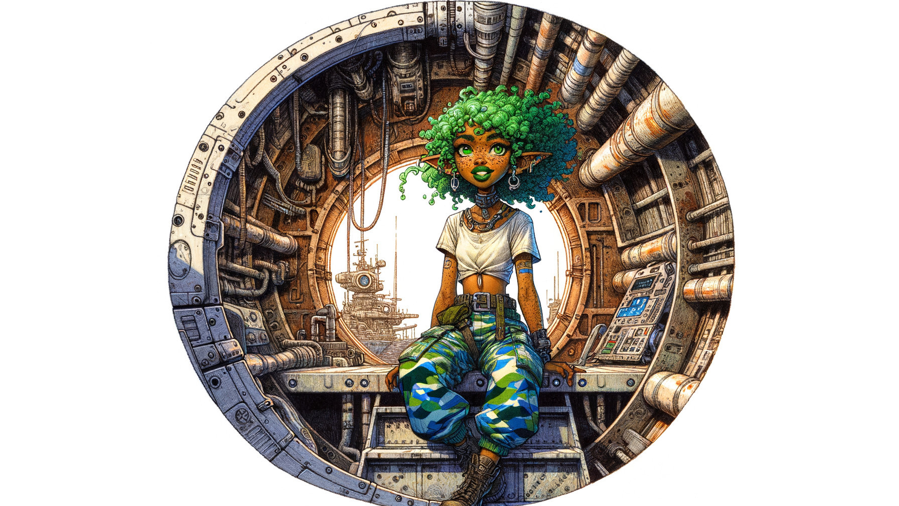 Young woman in futuristic spaceship with green hair