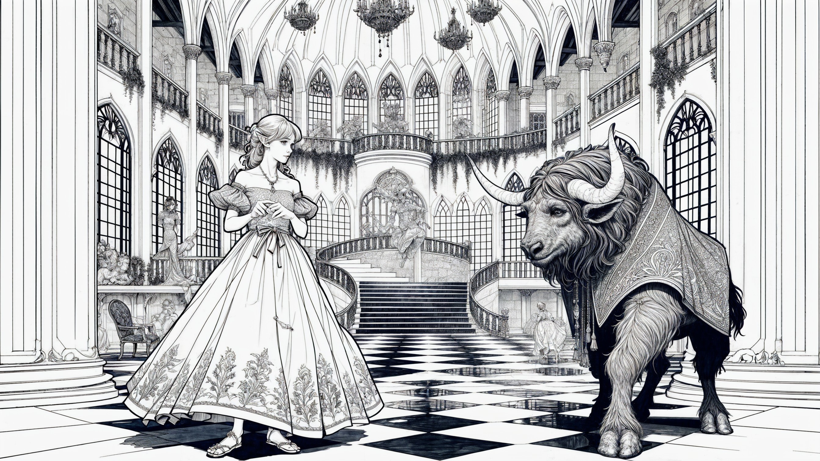 Detailed Black-and-White Illustration of Ornate Hall