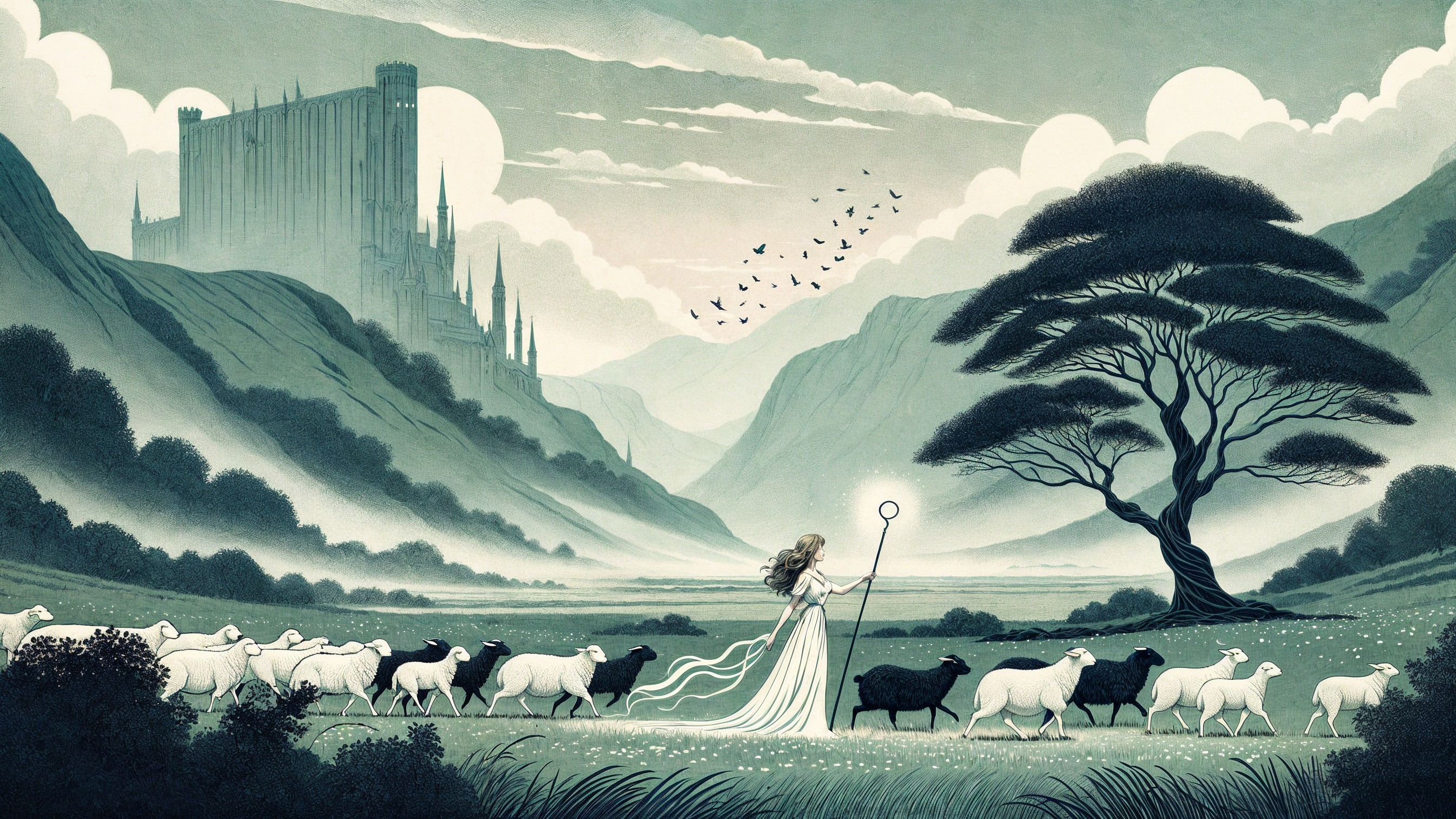 Serene Landscape with Castle and Shepherdess in Gown