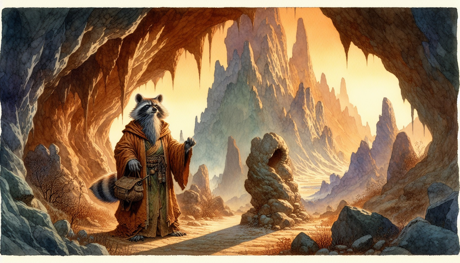 Raccoon in Mystical Cave with Mountains and Stalactites