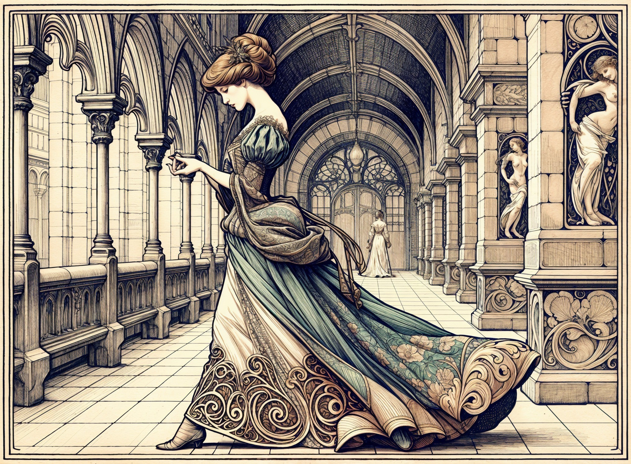 Victorian Woman in Ornate Arched Corridor Setting