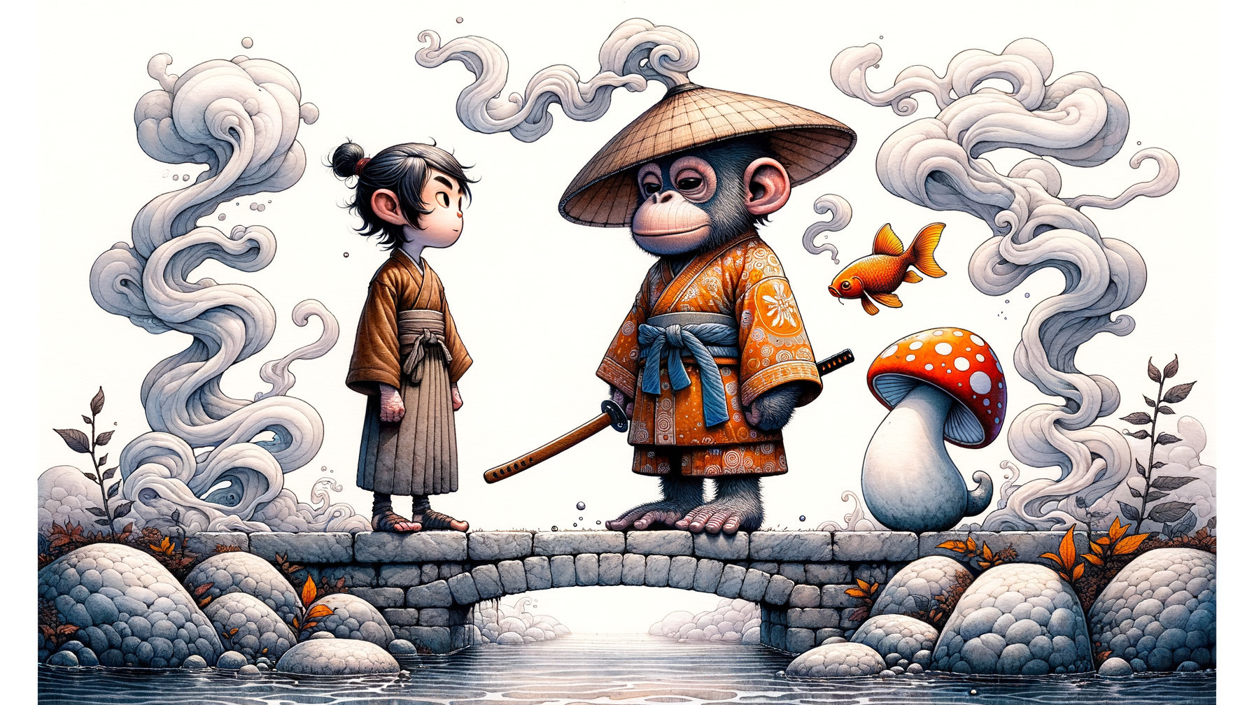 Fantasy Digital Artwork of Boy and Monkey in Kimono