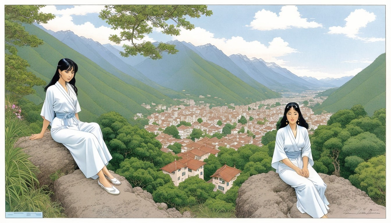 Women in Kimonos Overlooking a Scenic Valley