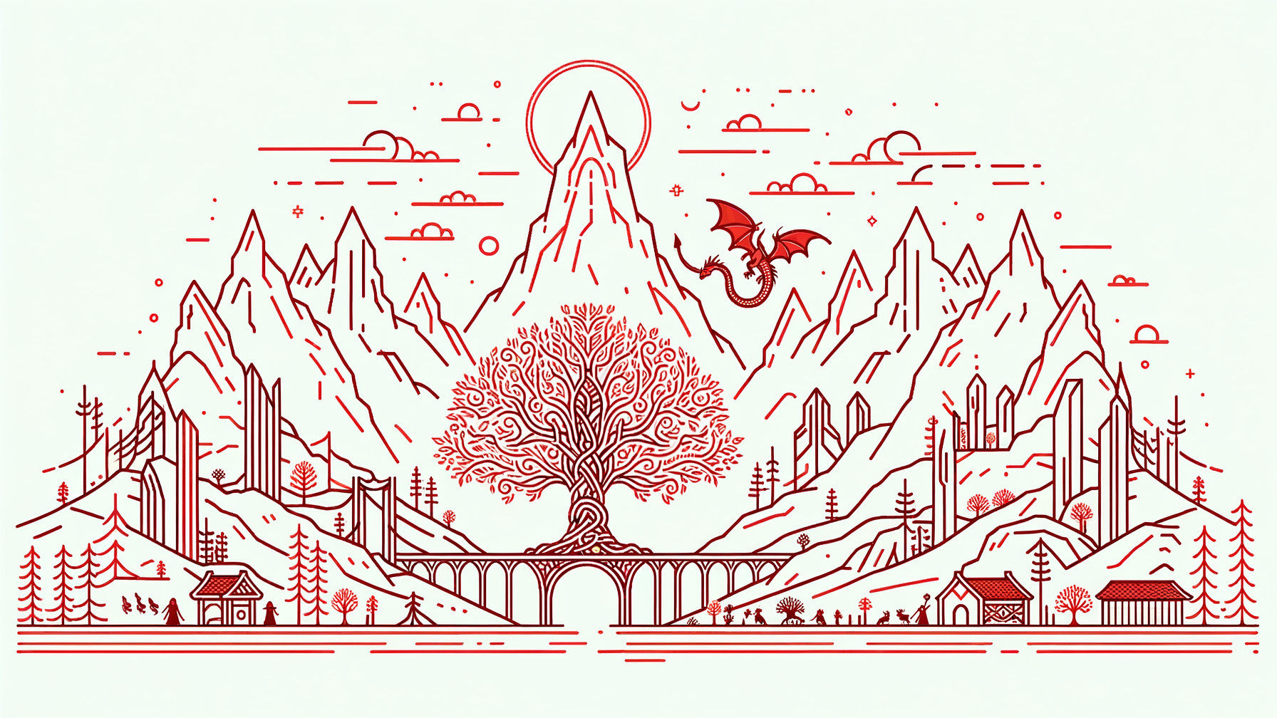 Majestic Mountain Range with Dragon and Enchanting Tree
