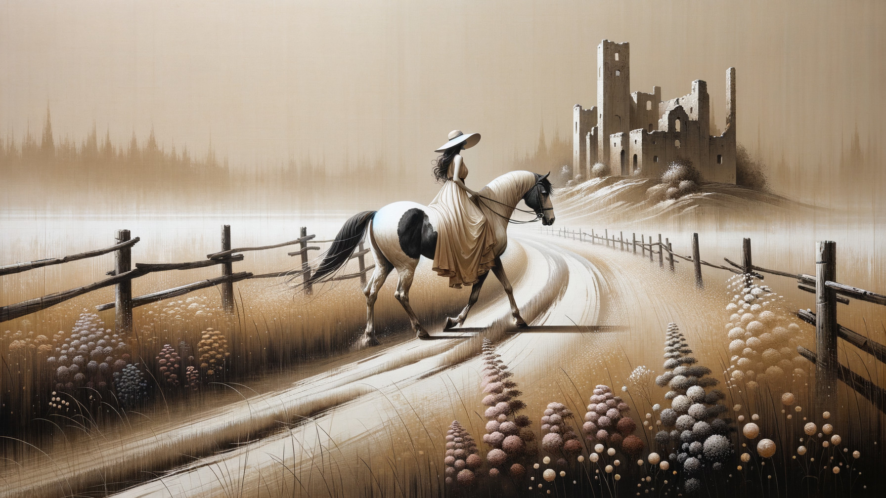 Countryside Scene with Woman on Horse and Ruins