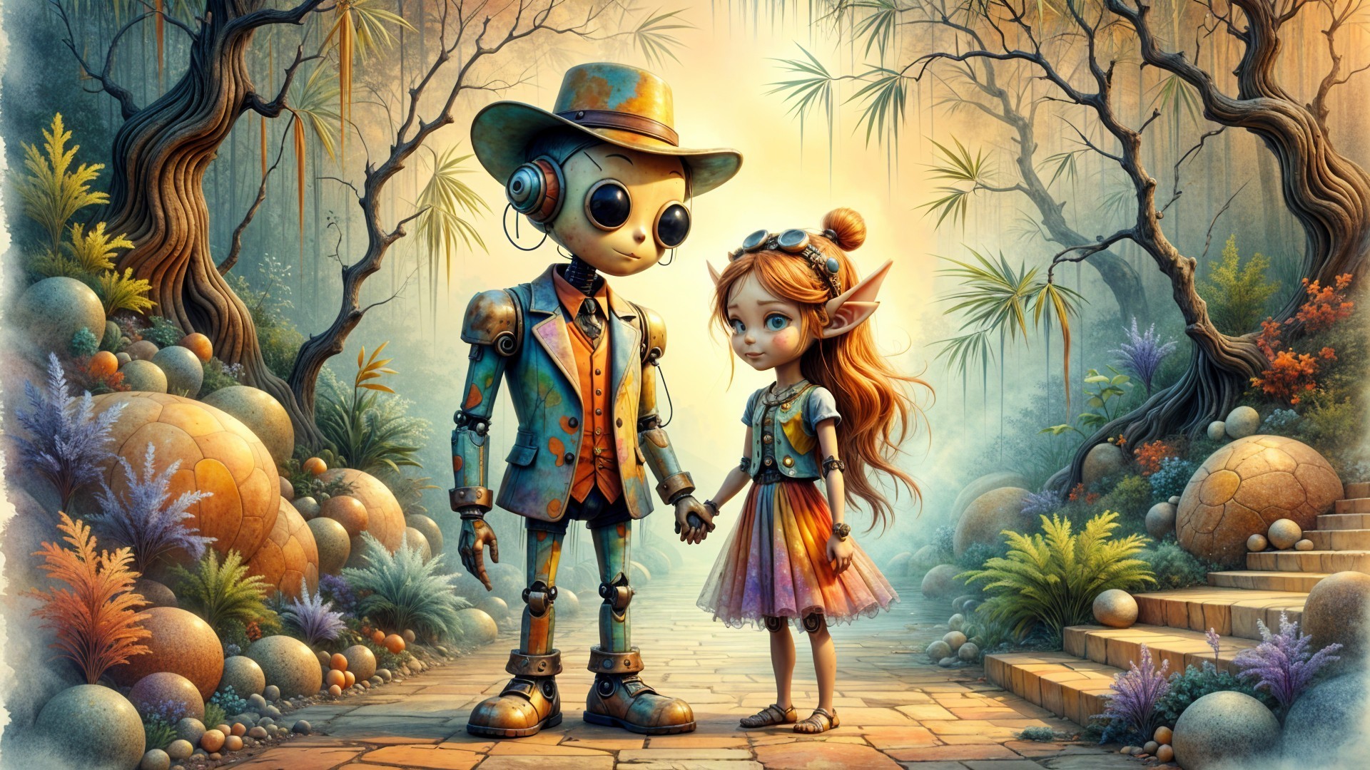 Charming Robot and Girl in Whimsical Forest Scene
