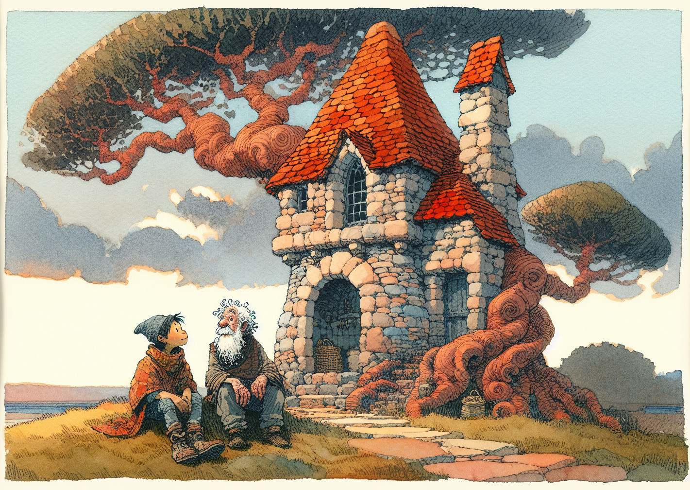 Elderly man and girl converse by a stone cottage