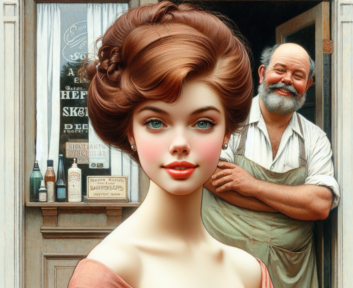 Young Woman in Pink Dress with Vintage Shop Background