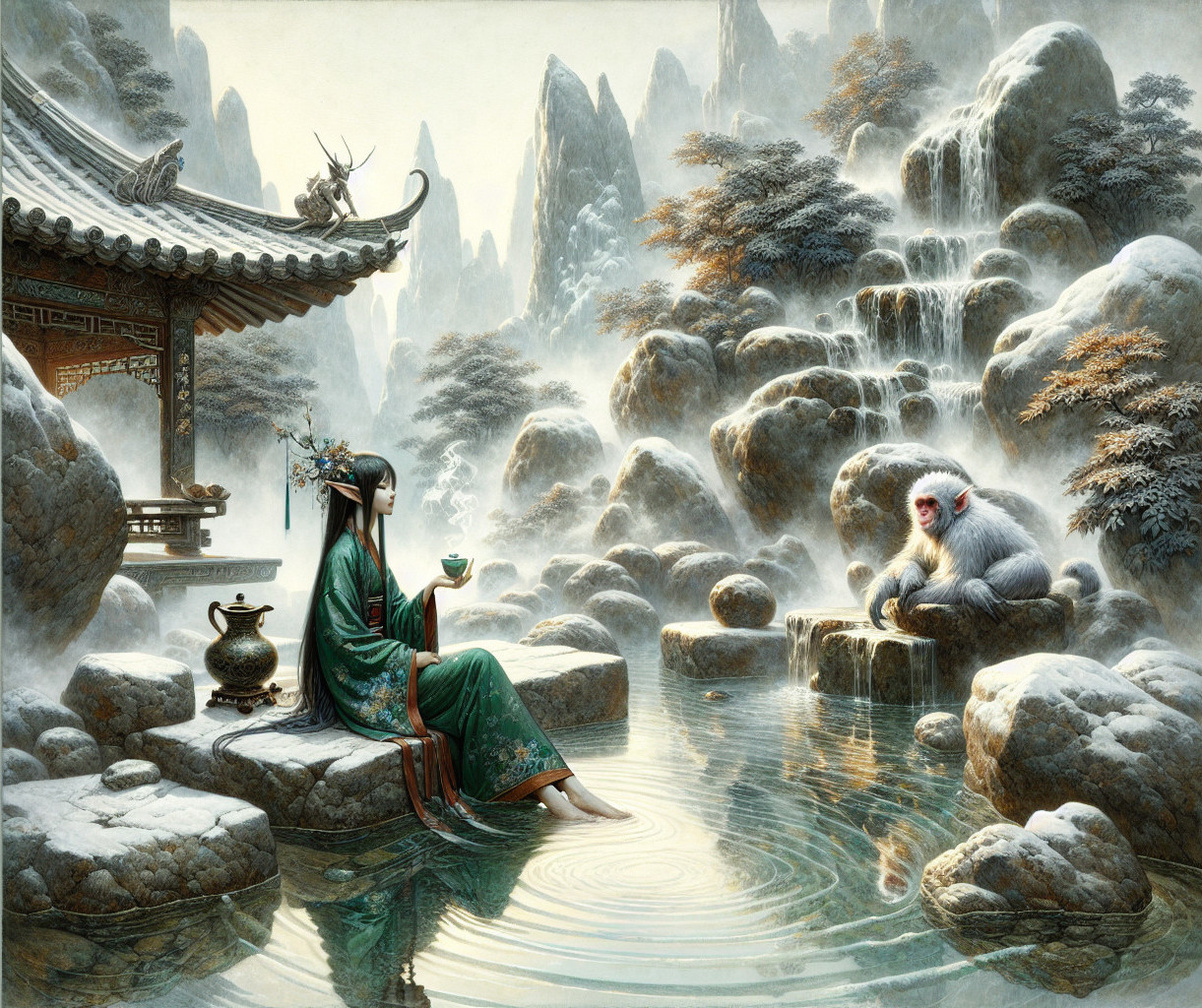 Woman in Green Robe by Tranquil Pond with Monkey