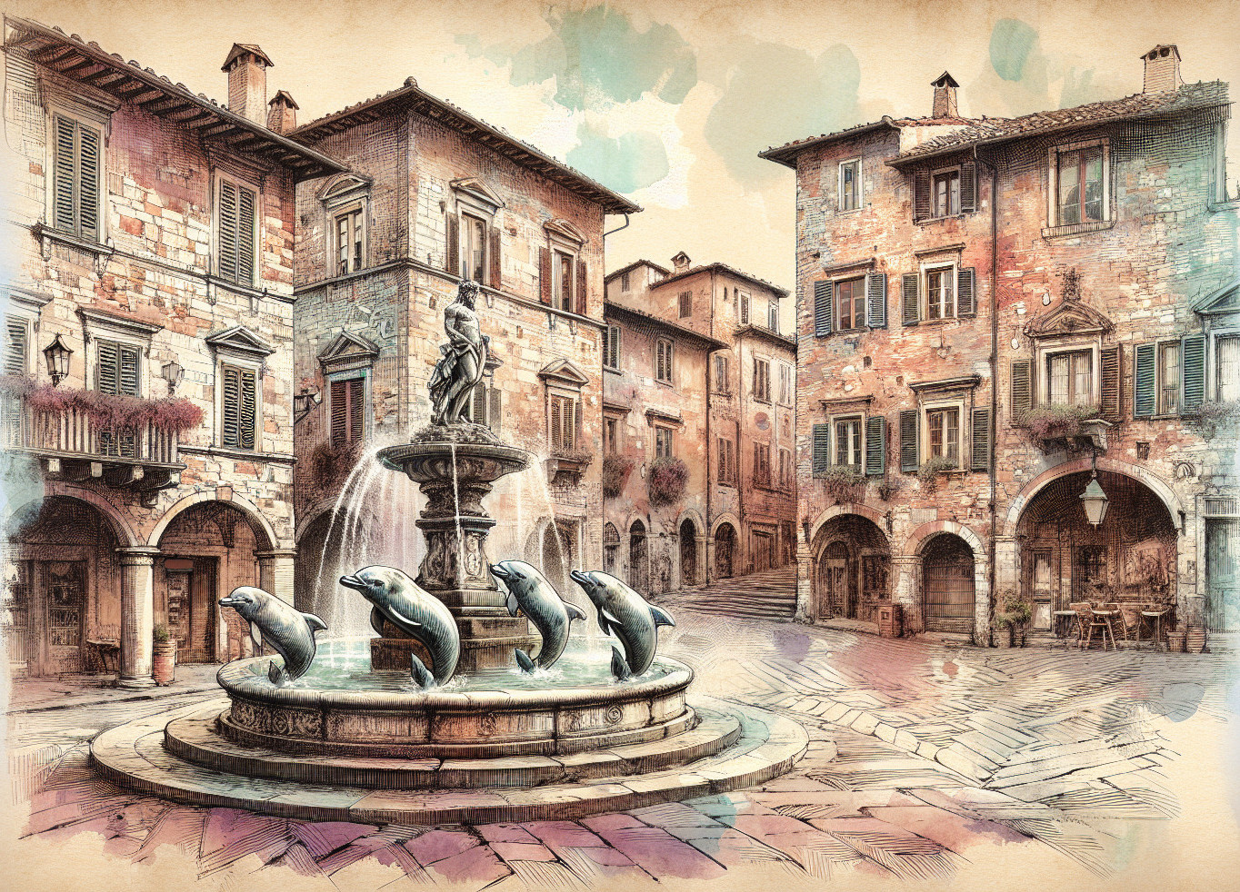 Vintage Italian Plaza Illustration with Fountain and Dolphins