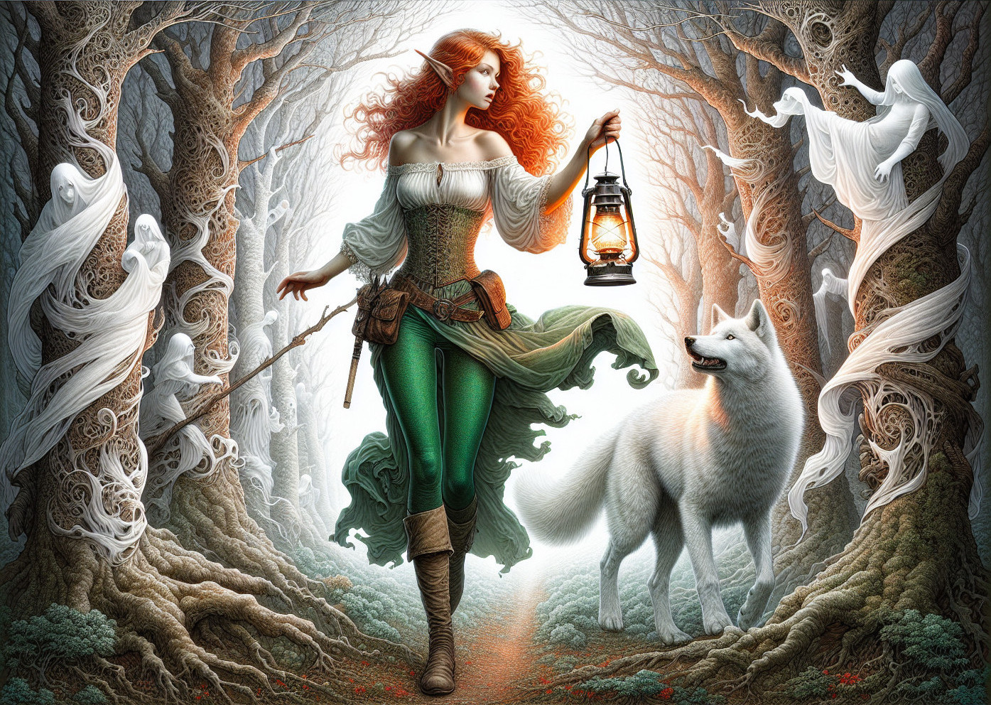 Mystical Forest Scene with Enchanting Woman and Wolf