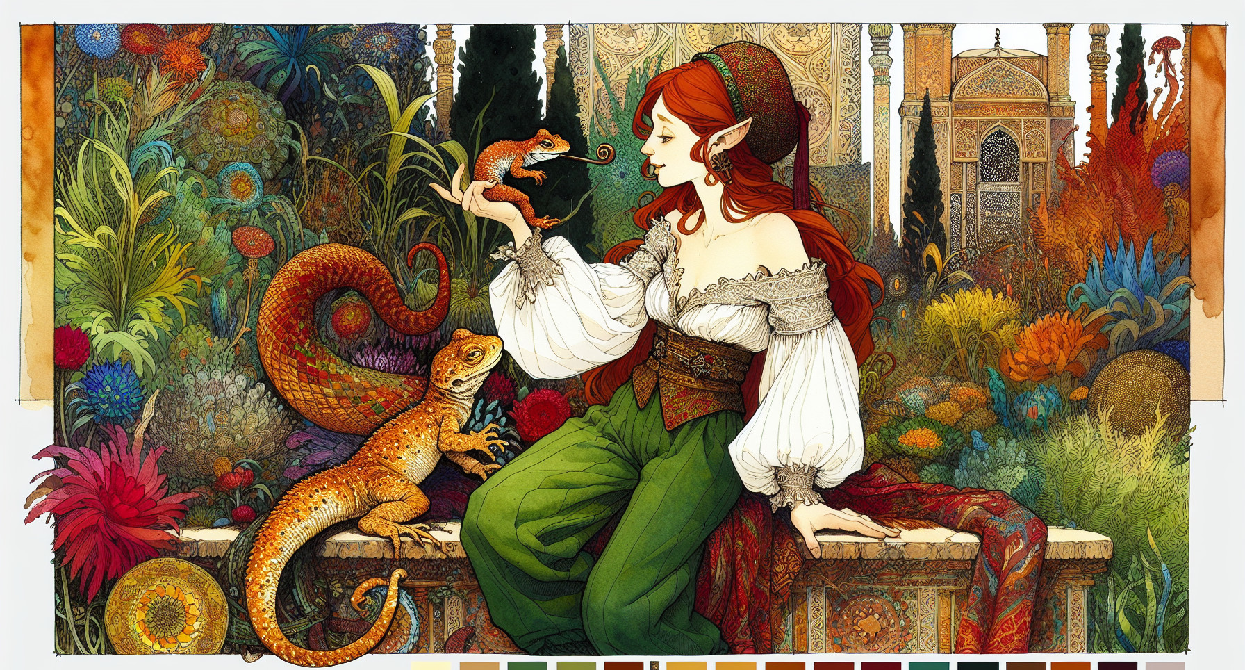 Red-haired elf woman in a lush garden setting