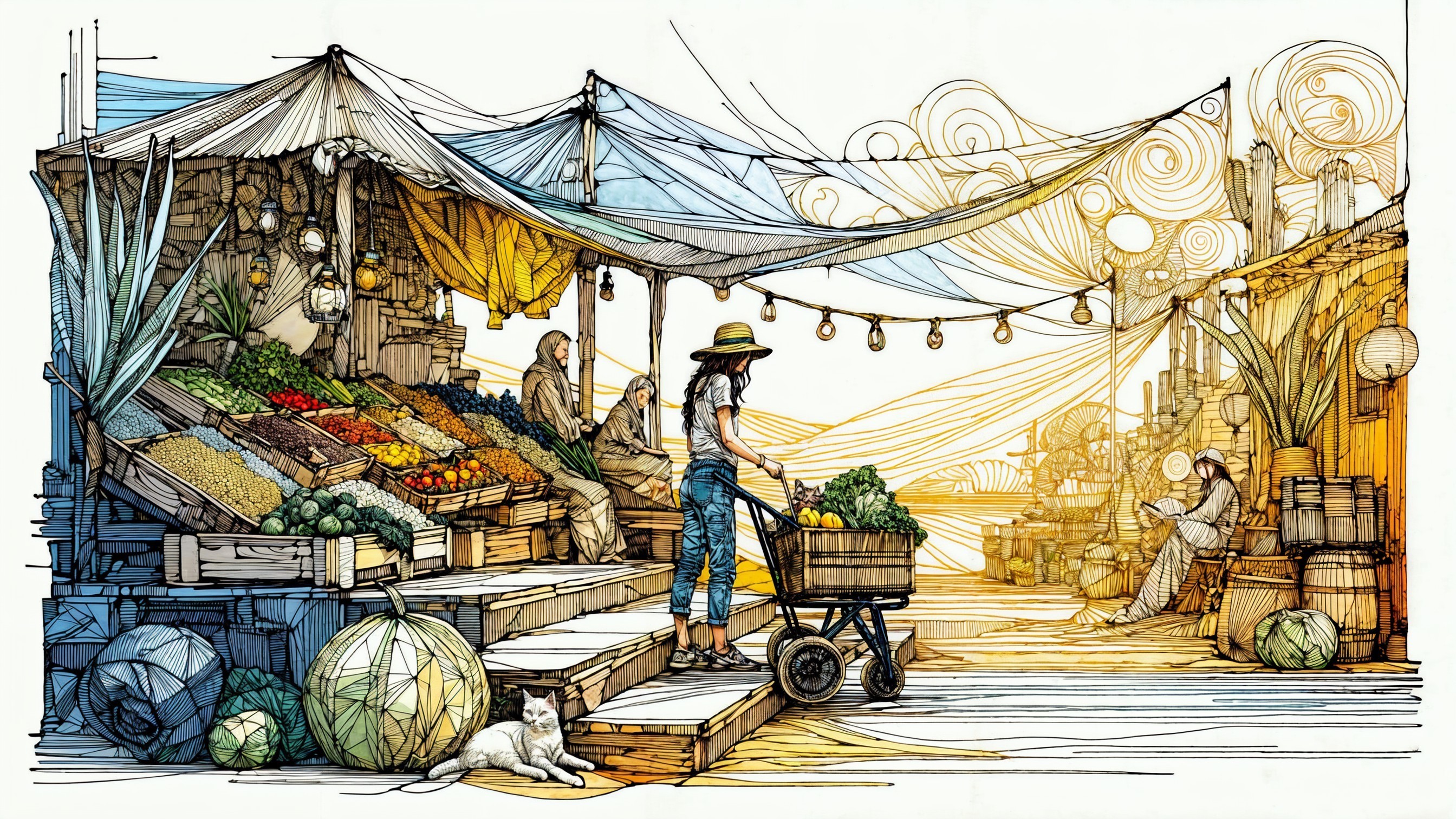 Vibrant Market Scene with Fruits, Vegetables, and Lanterns