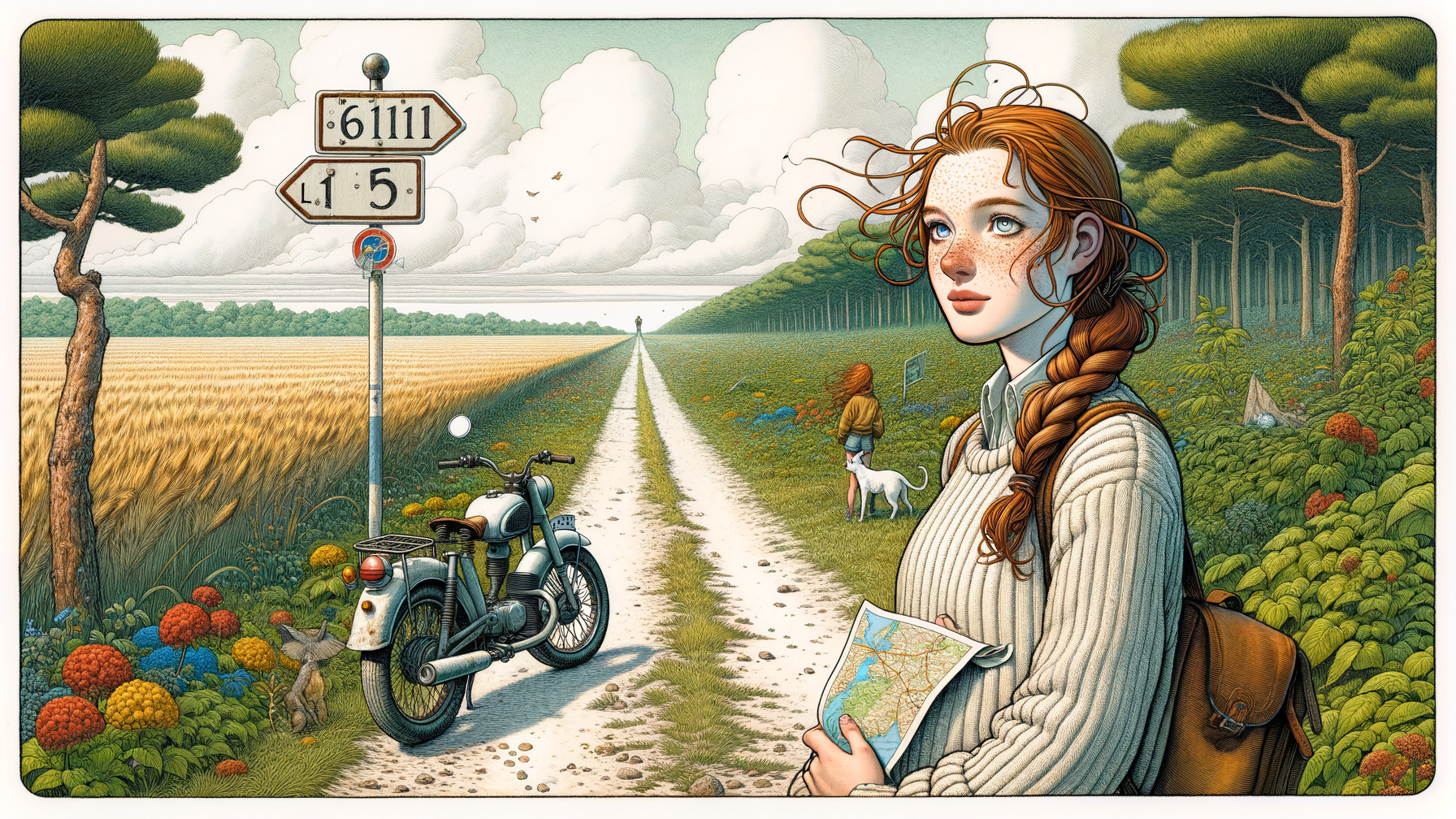 Young girl with a map beside vintage motorcycle in nature