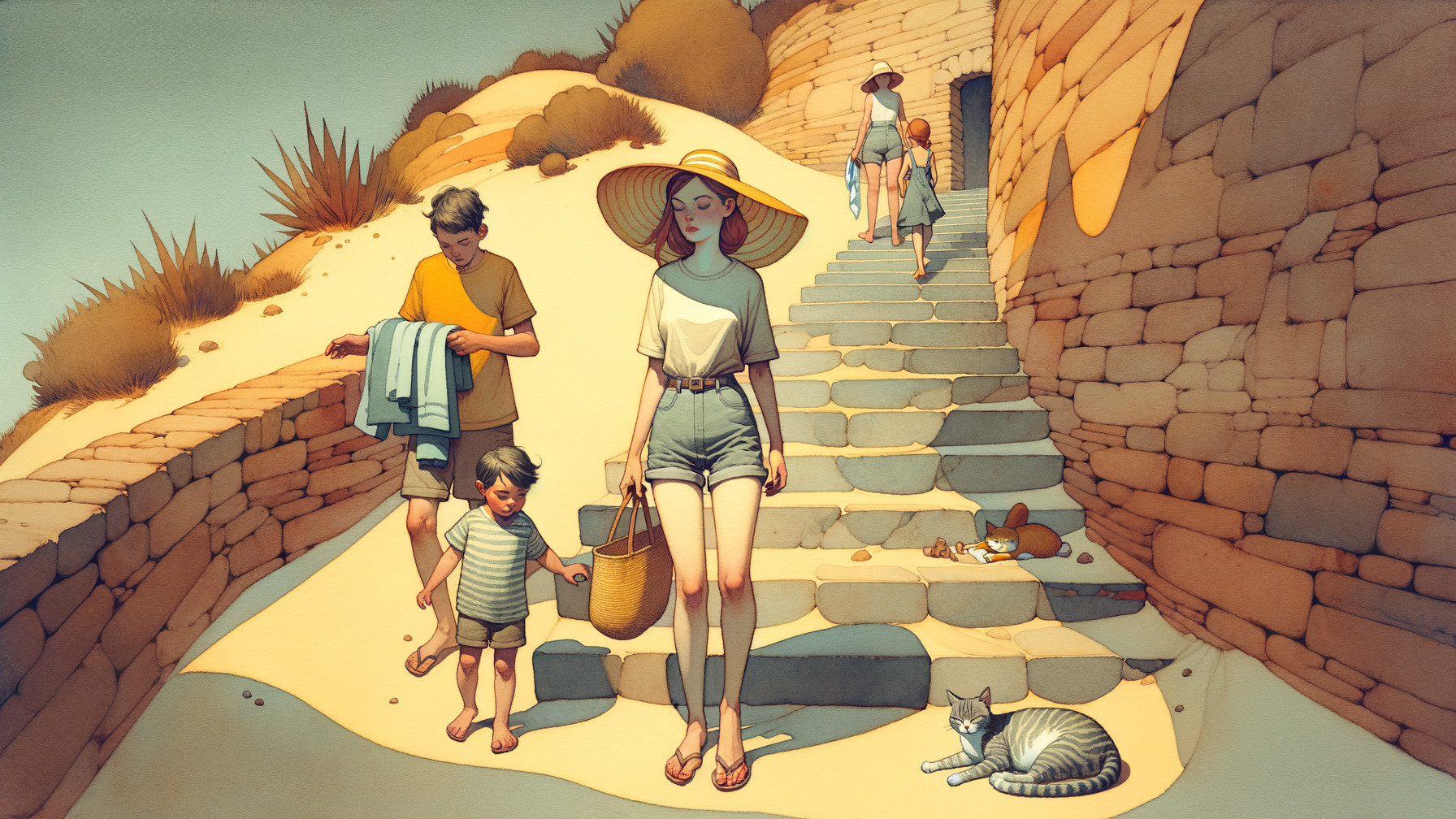 Family Walk on Sunlit Sandy Pathway with Cat