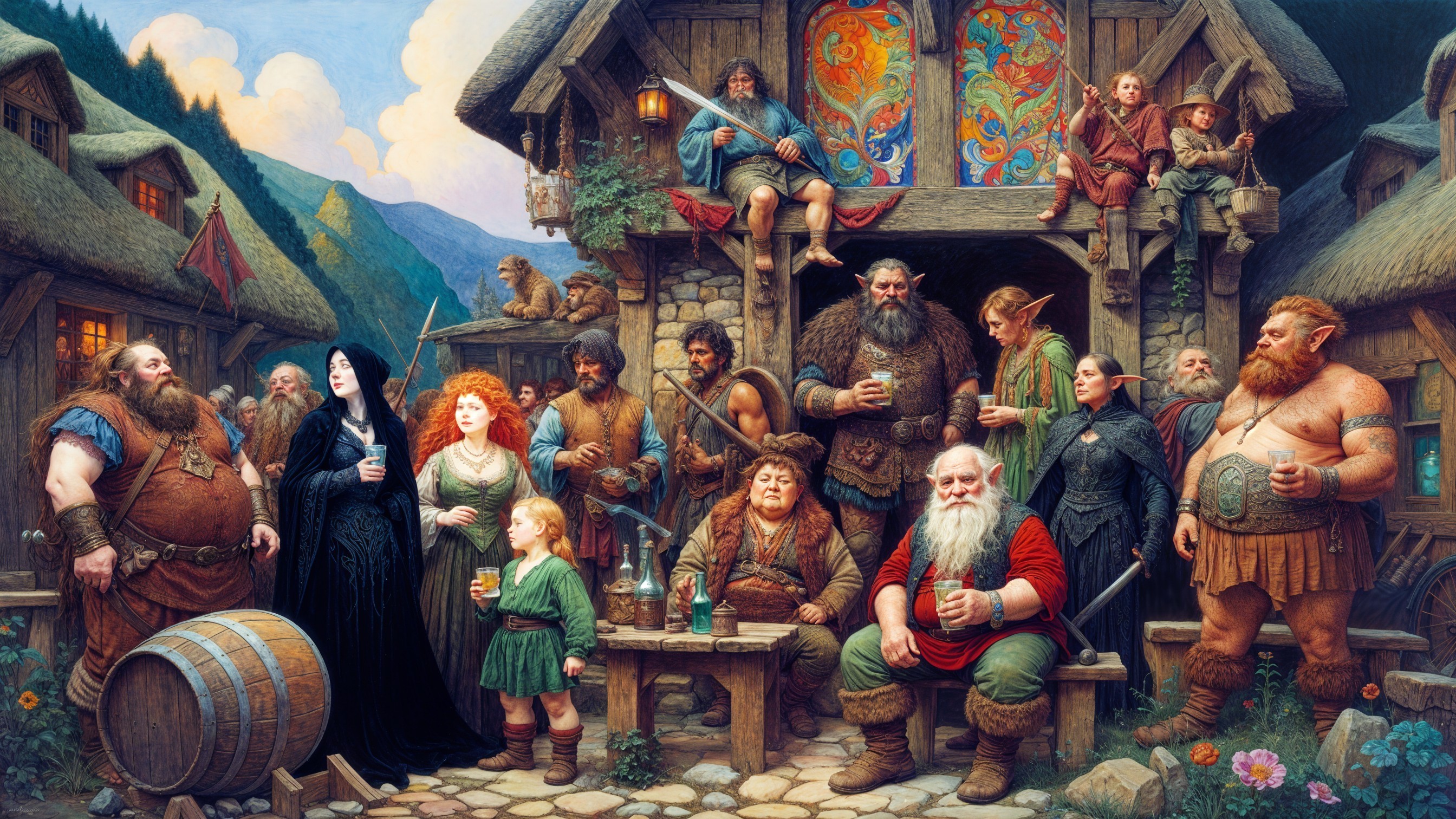 Gathering of Fantastical Characters at Rustic Tavern