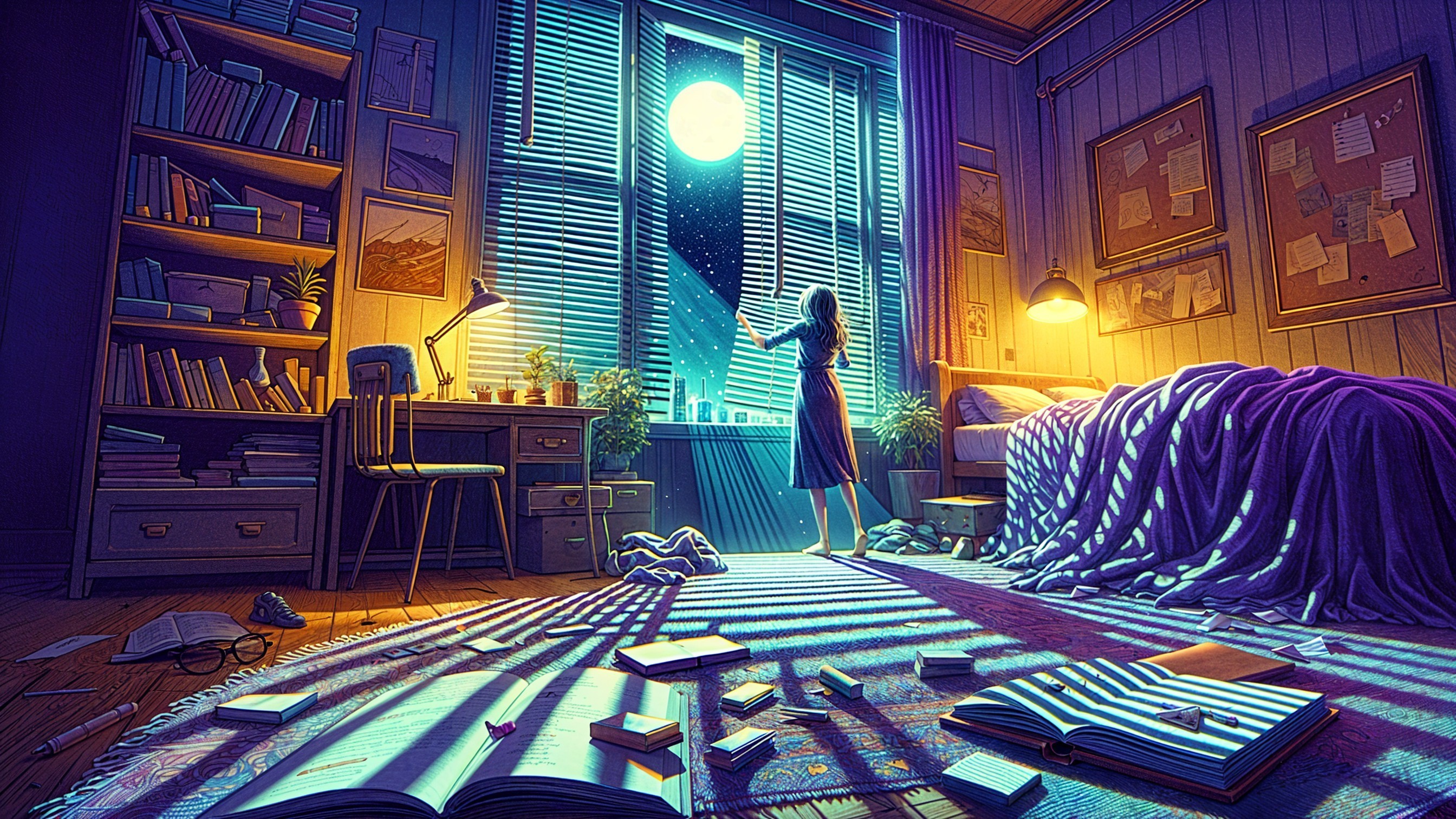 Cozy Bedroom with Moonlit Window and Books