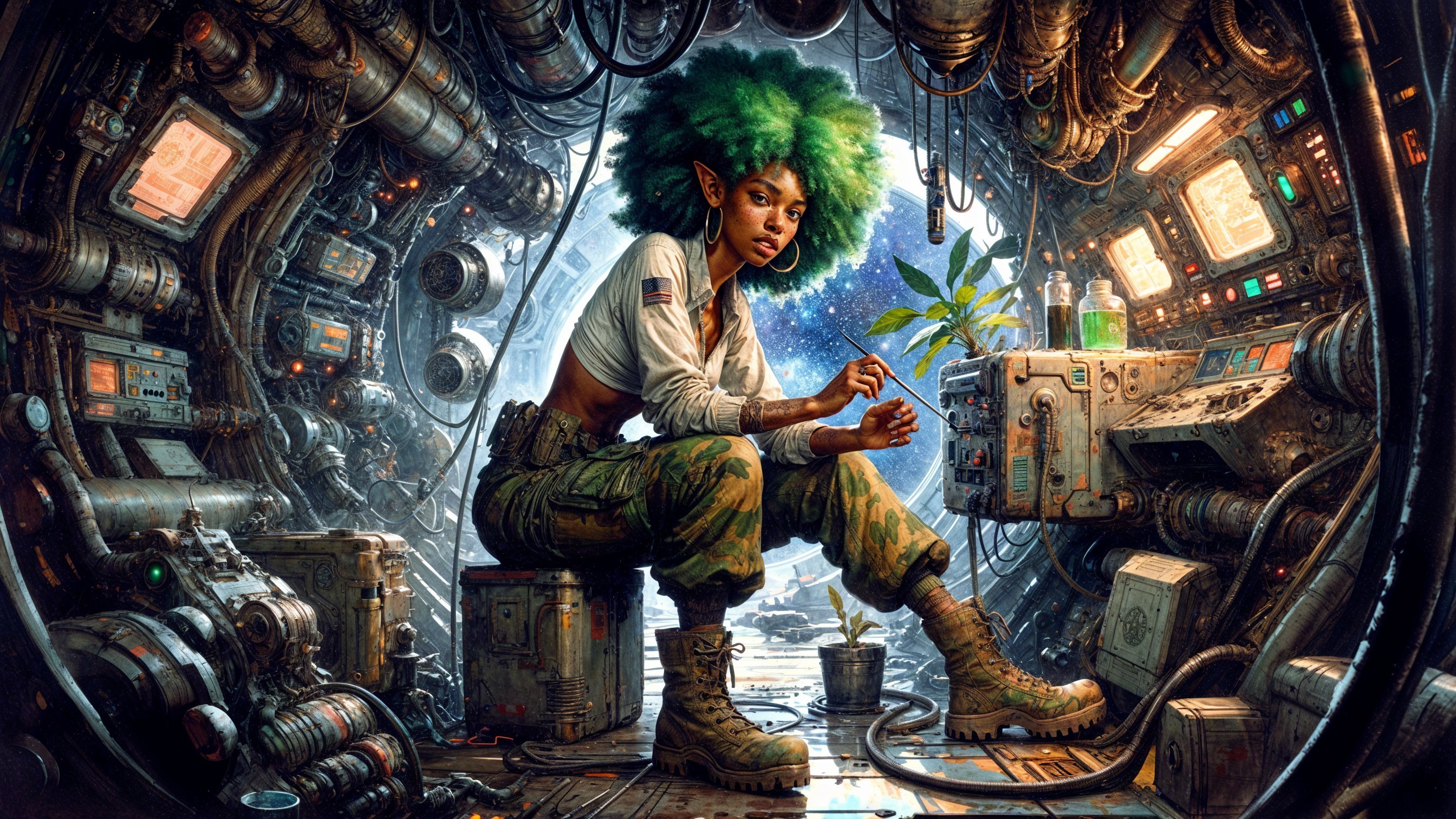 Young woman with green hair in futuristic spaceship