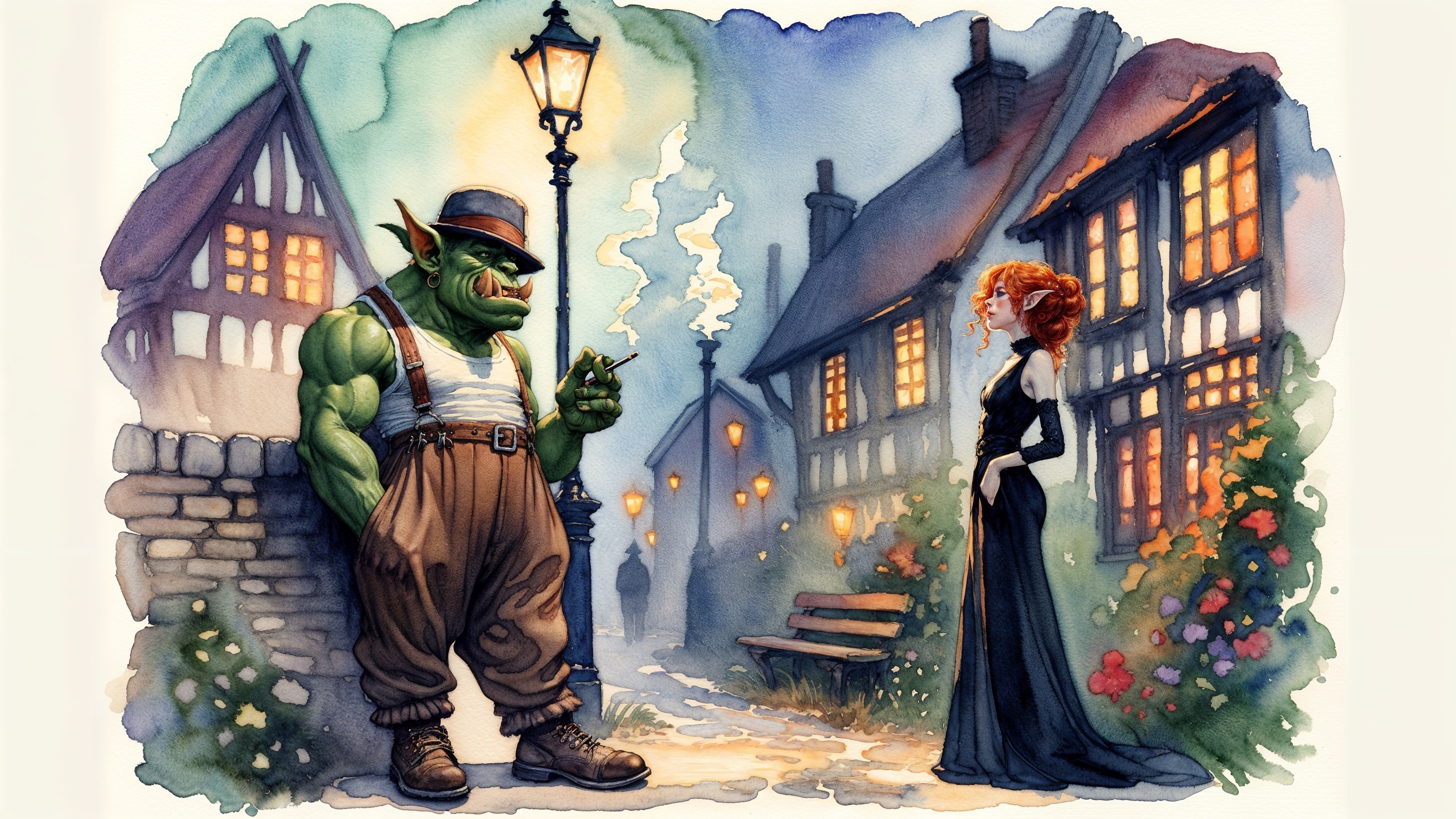 Twilight Village Scene with Ogre and Glamorous Woman