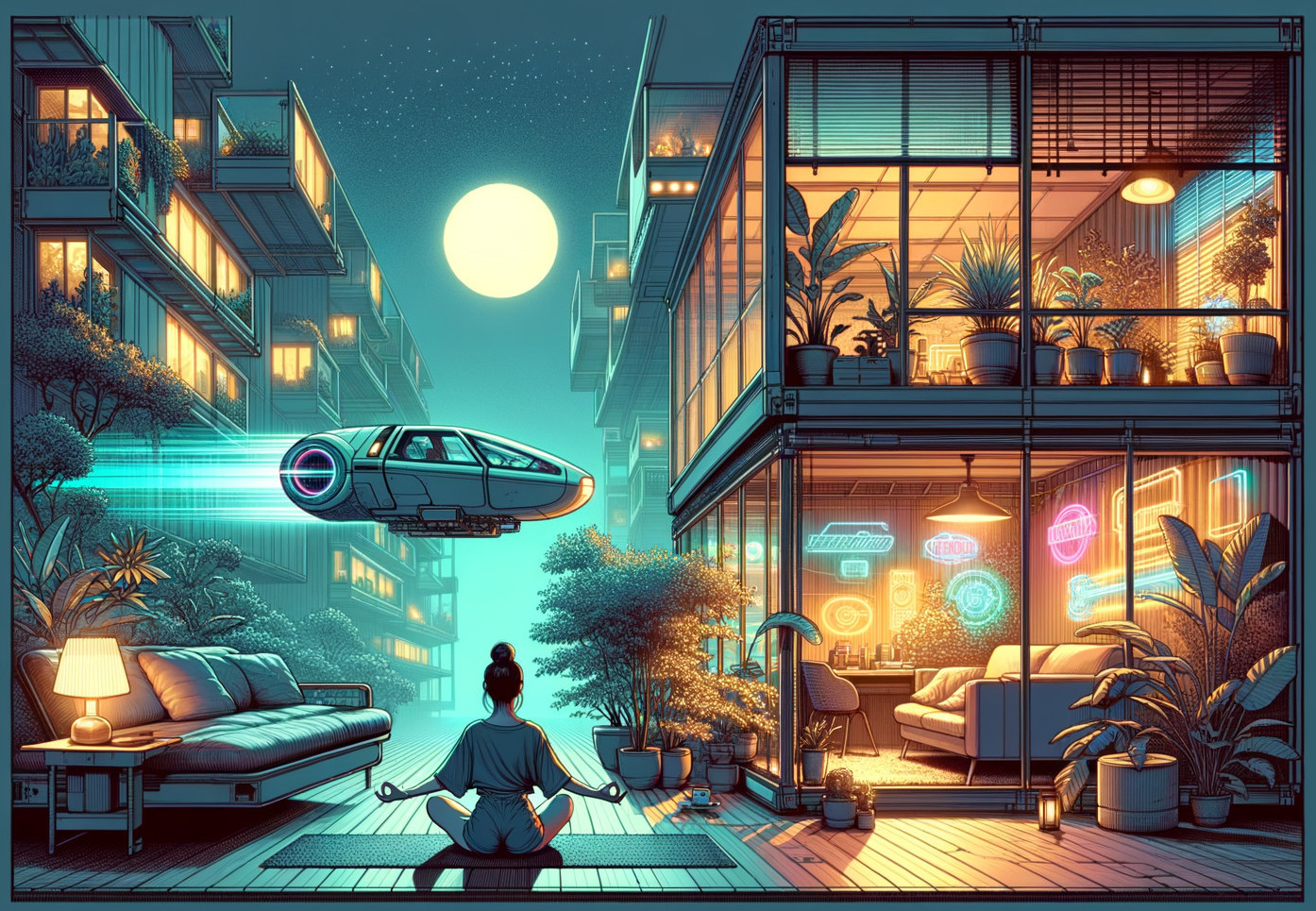 Futuristic Urban Meditation with Neon and Nature Elements