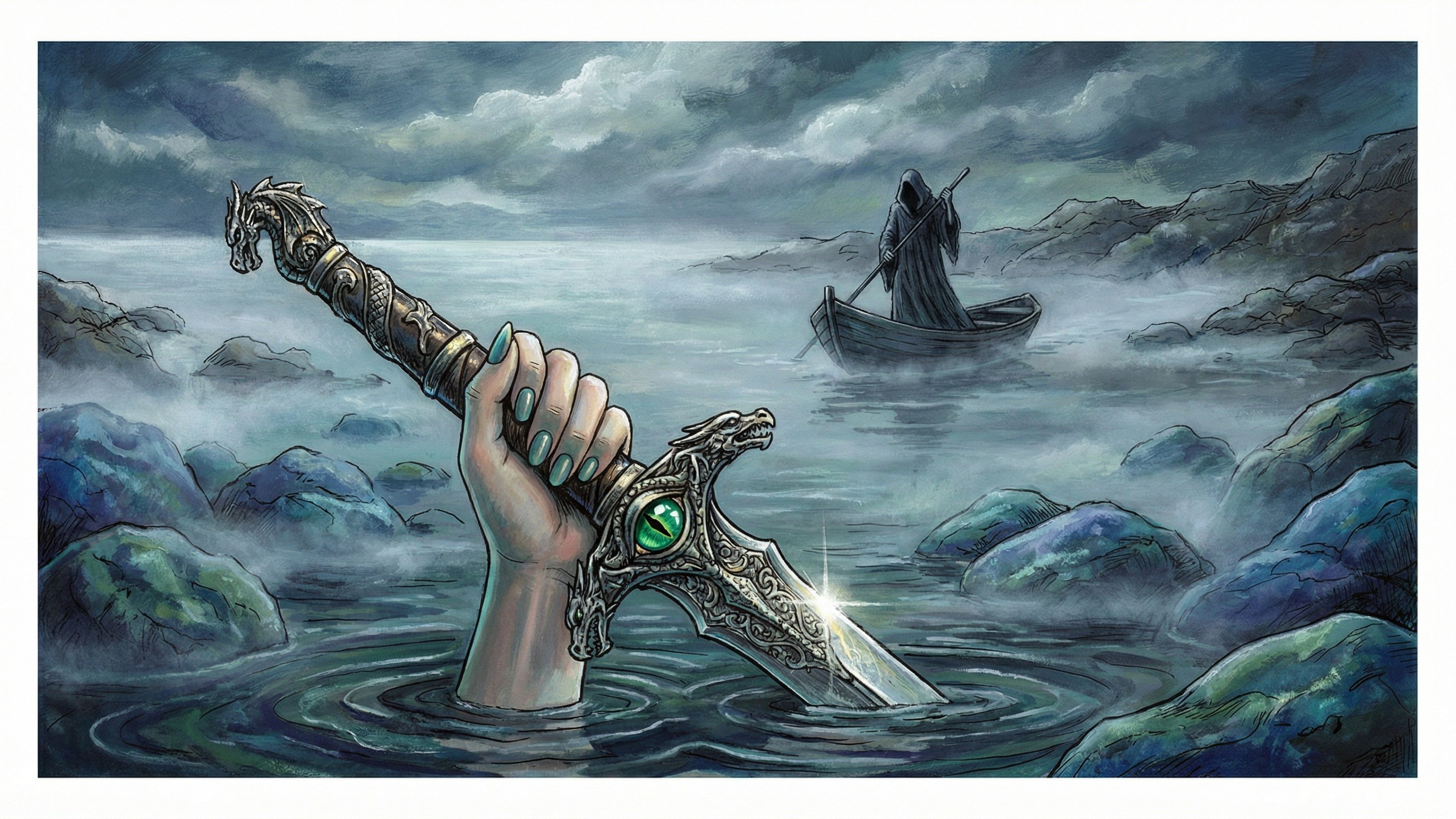 Illustration of a hand holding a sword in dark water