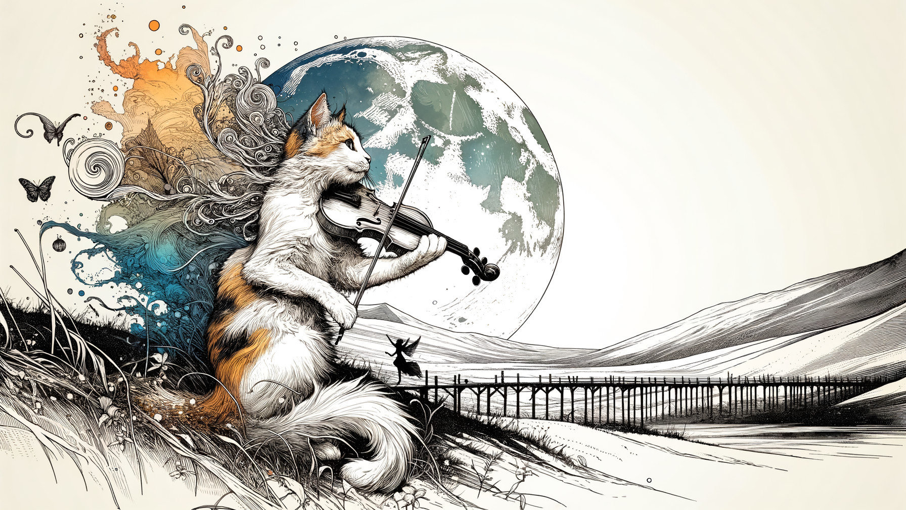 Calico Cat Playing Violin Under Stylized Moon
