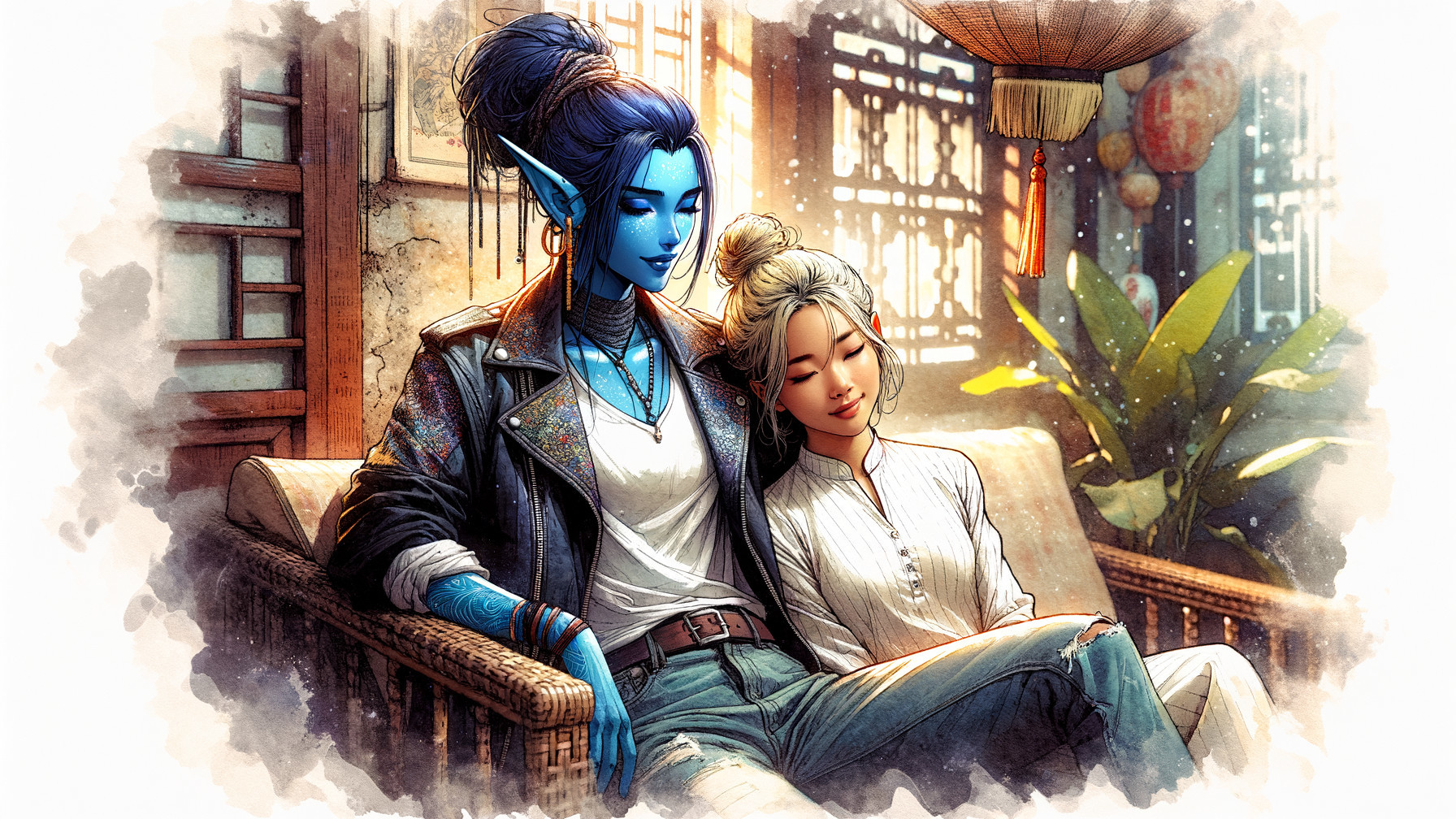 Cozy Room with Two Figures on a Wooden Bench
