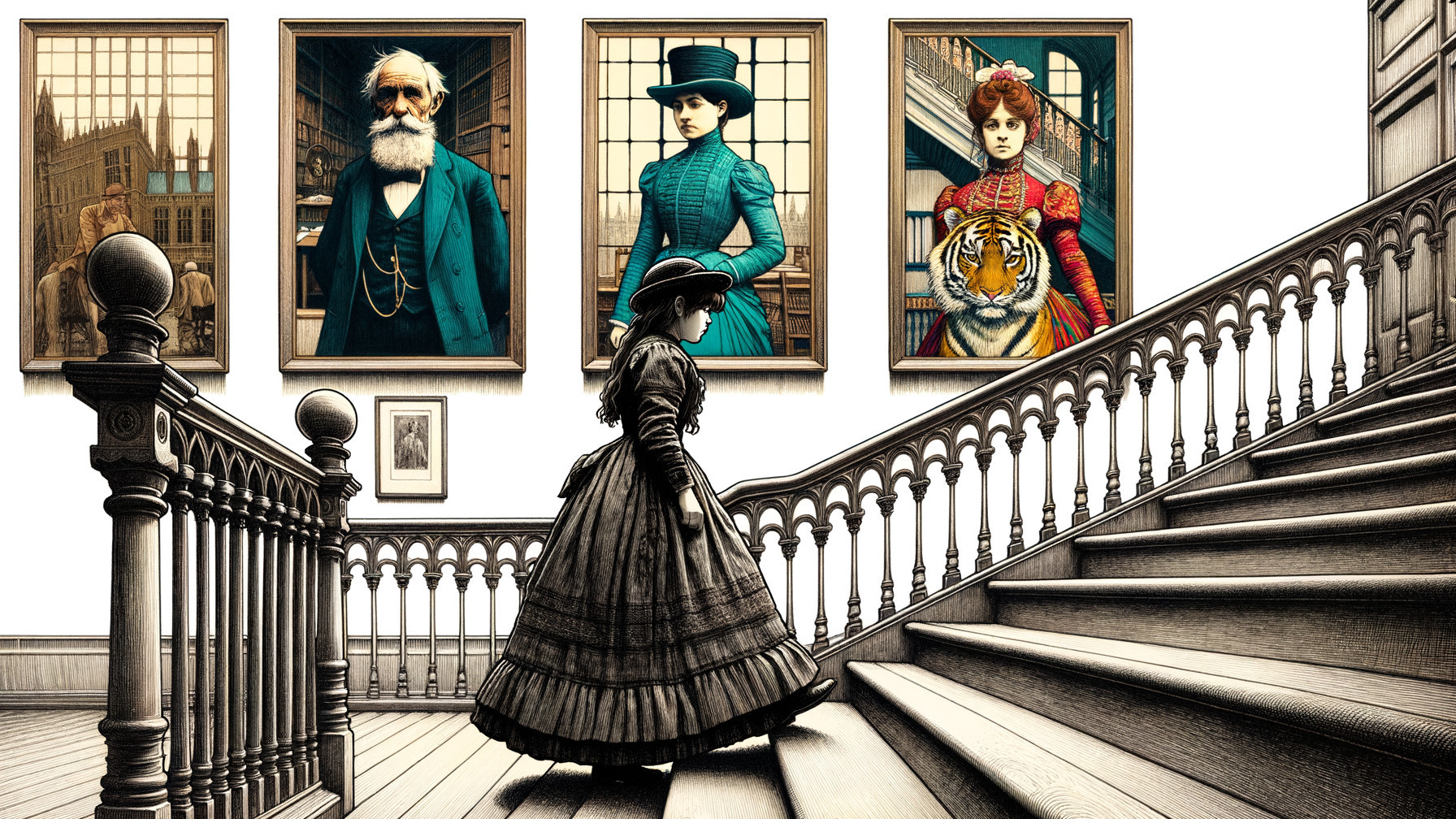 Victorian Girl Descending Grand Staircase with Portraits