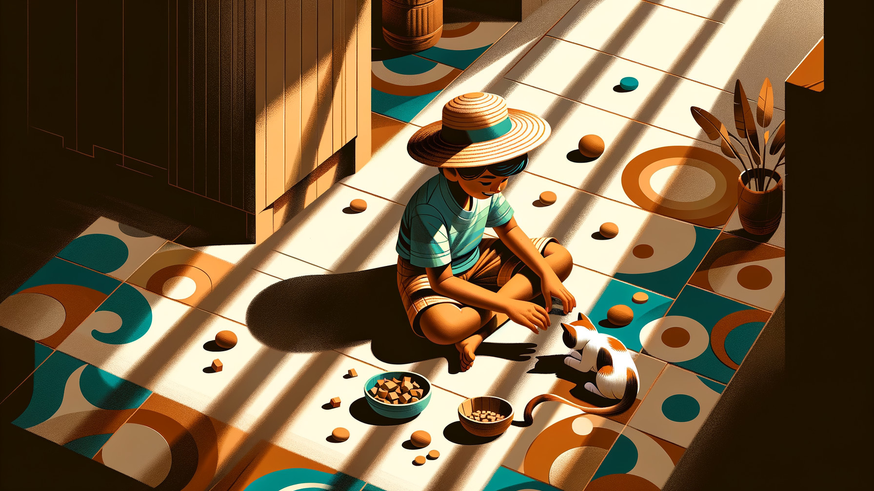 Child on Tiled Floor with Cat and Bowl of Food