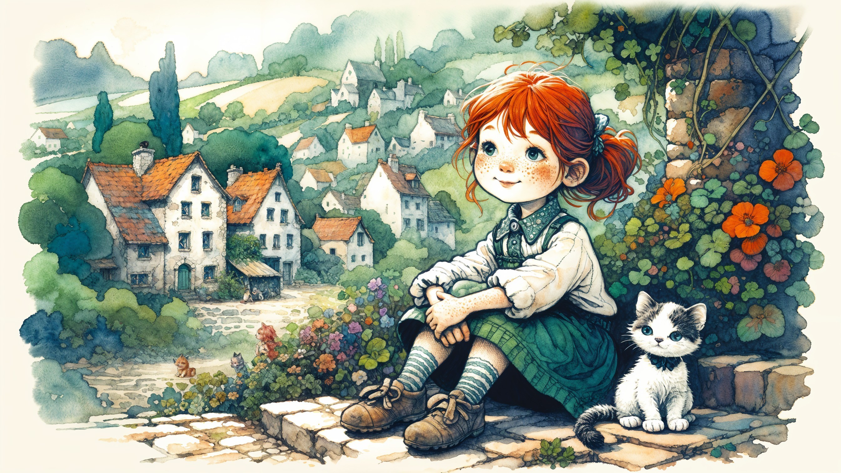 Illustration of a girl with red hair and a cat in nature