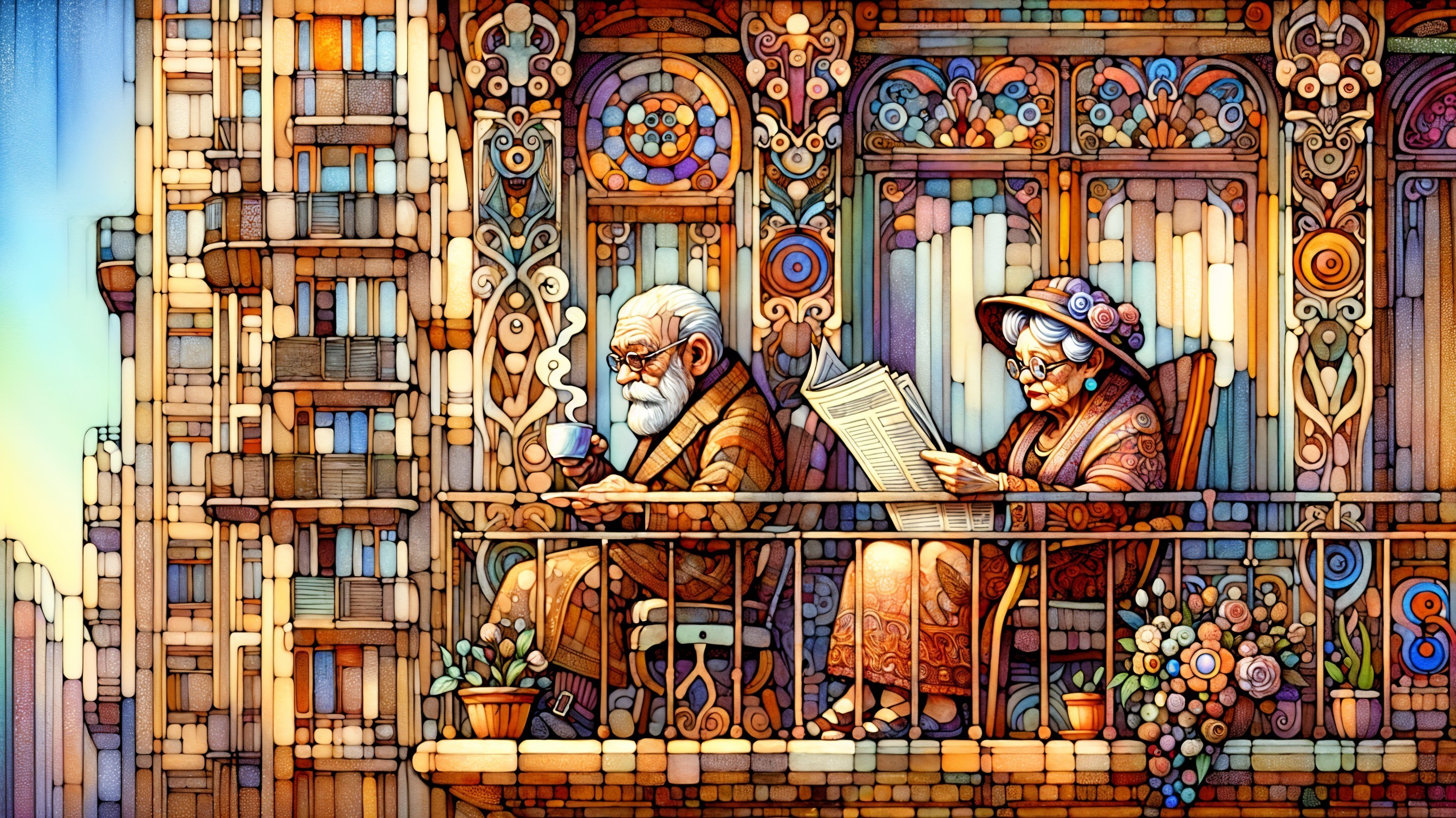 Elderly Couple on Decorated Balcony with Stained Glass