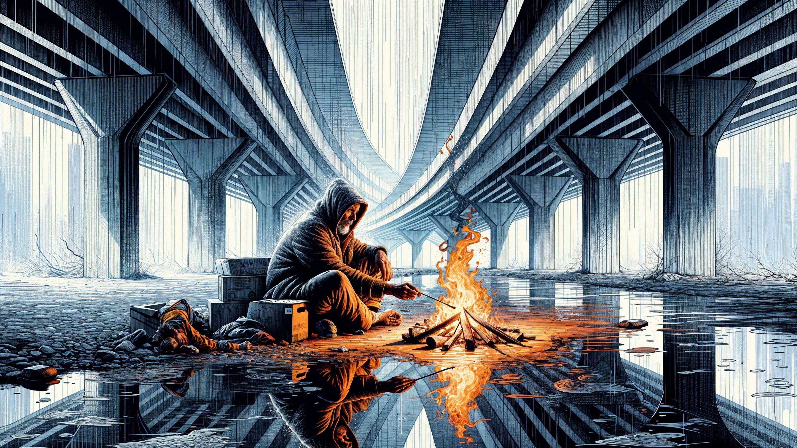 Urban Figure by Fire Beneath Overpass at Night