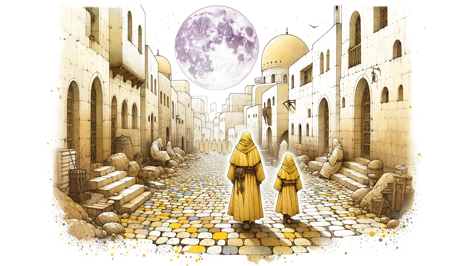 Cloaked Figures Stroll Through Ancient Town at Night